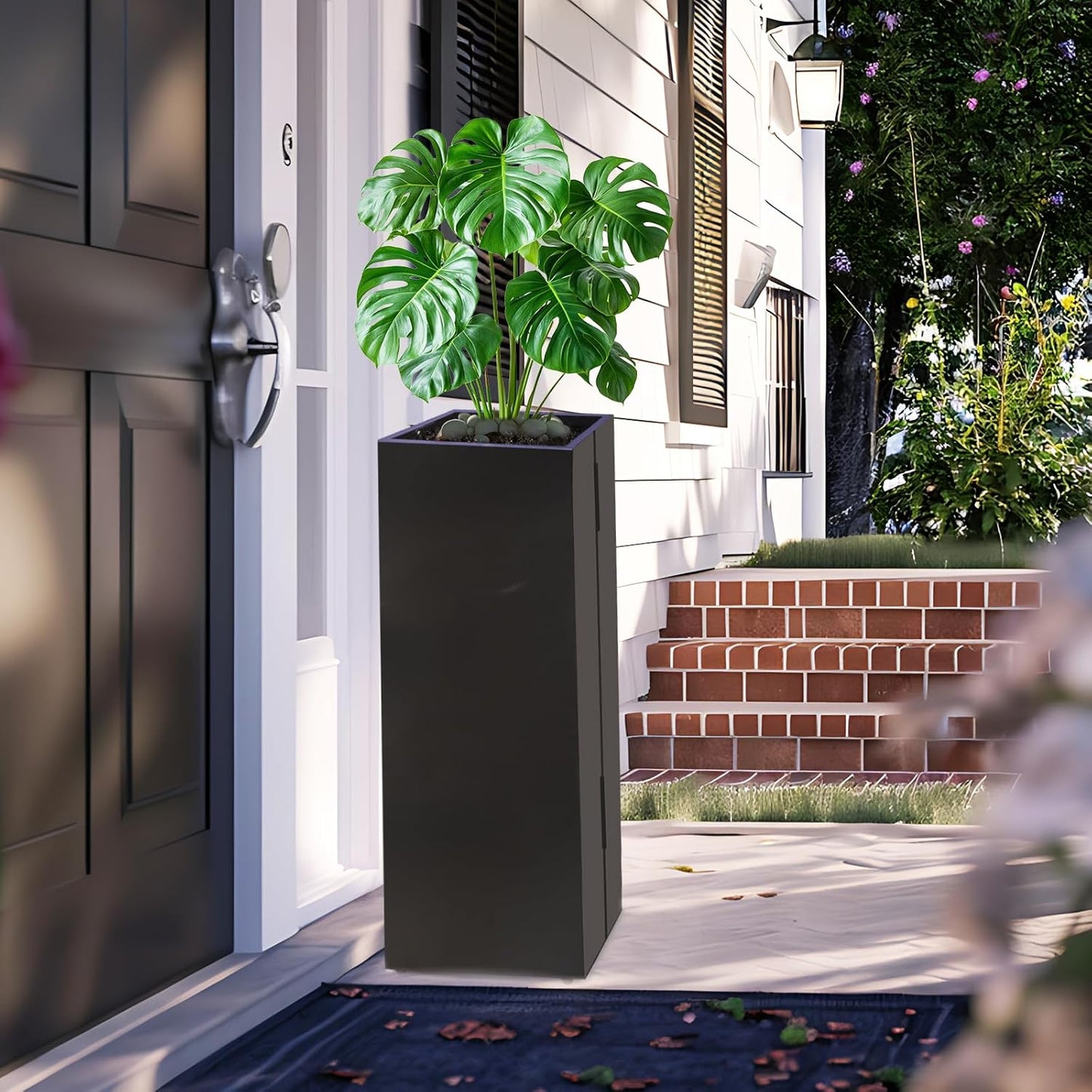 Metal Planter Box Rectangular Block -30 ×12×12IN No Installation Required Galvanized Steel Tall Box Planter Modern Outdoor Planters All-Weather Use with Drainage Holes for Patio/Porch (Black)