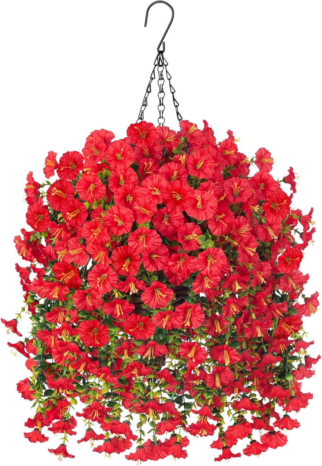 Artificial Hanging Flowers with Basket Outdoors Fake Flowers Plants for Winter Christmas Decor,3PCS Faux Red Silk Morning Glory Flower with Eucalyptus Realistic Vines for Home Porch Patio Balcony Yard