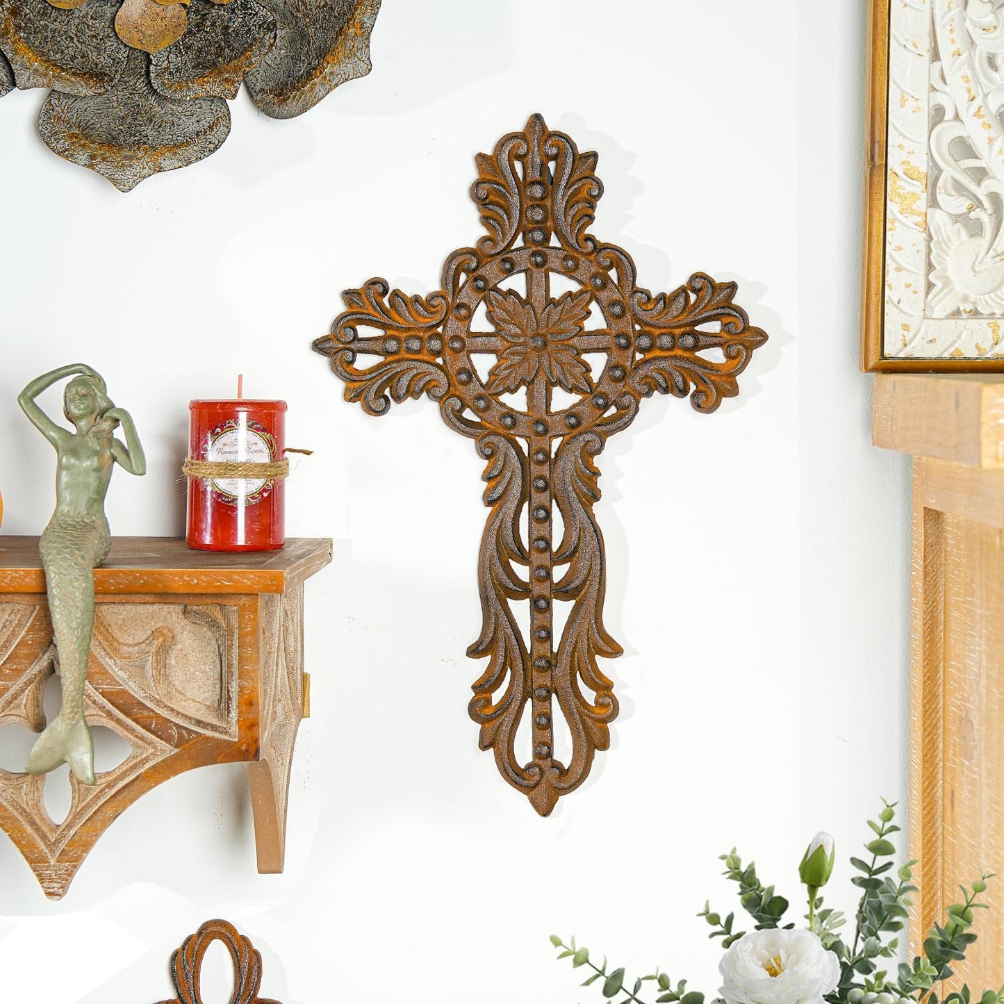 Sungmor Cast Iron Cross Wall Decor, Ornate Metal Wall Art, Vintage Decorative Outdoor Hanging Cross, Rustic Brown Religious Wall Sculpture Farmhouse Home Decor