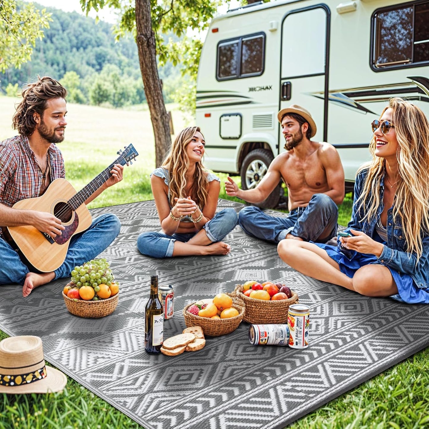 Waterproof Outdoor Rug 8x10 ft, Reversible Plastic Straw Patio Camping Rugs, Outdoor Indoor RV Mat Carpet for Patio, Outside Entry, Backyard, Deck, Bench, Picnic, Camper(8x10,Gray&White)