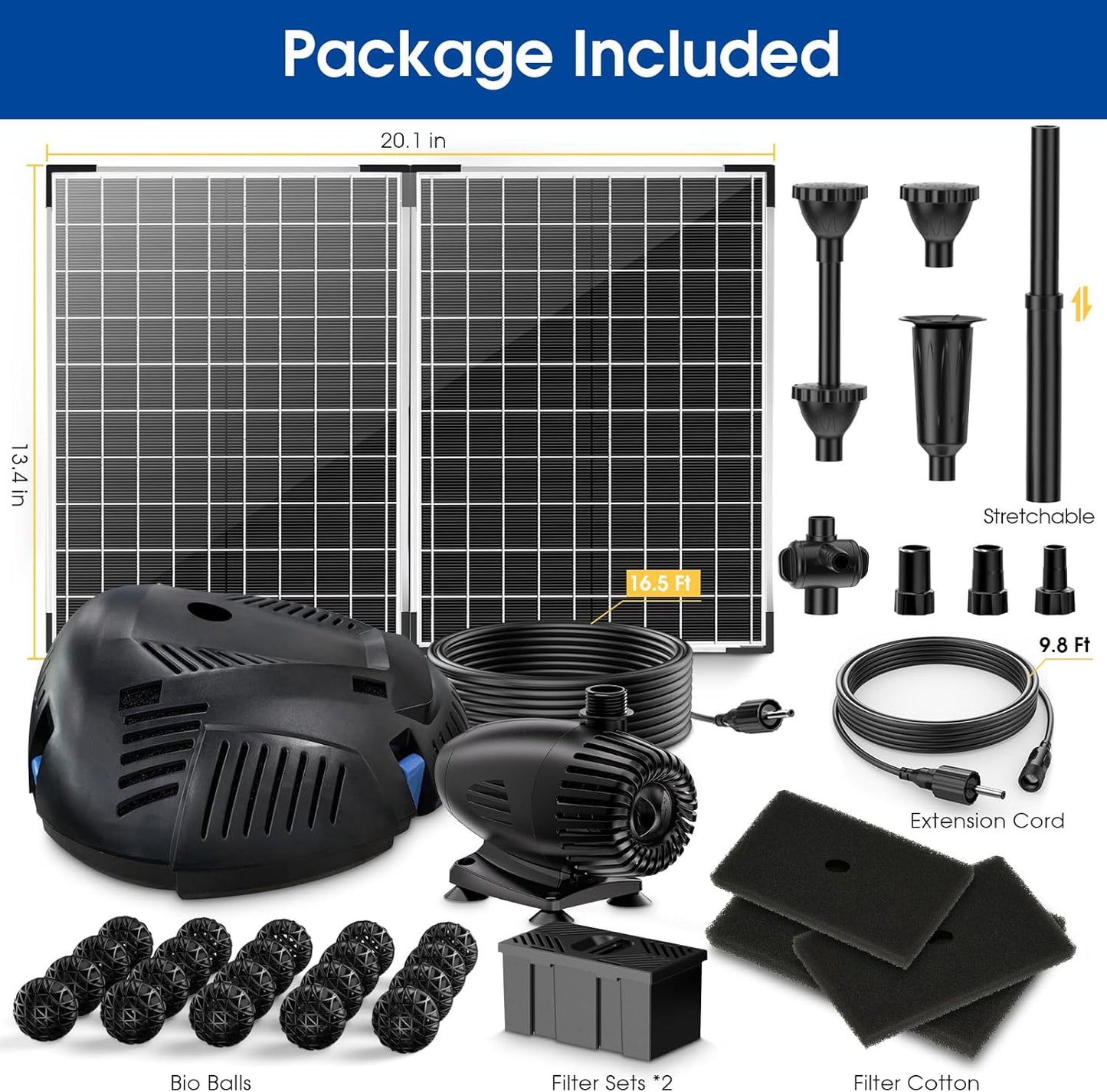 Antfraer 70W Solar Pond Filter with Water Pump, Solar Pond Filter with Water Shortage Protection, Pond Pump with 17FT +10FT Cord For Fish Pond Garden Waterfall Clean & Clear
