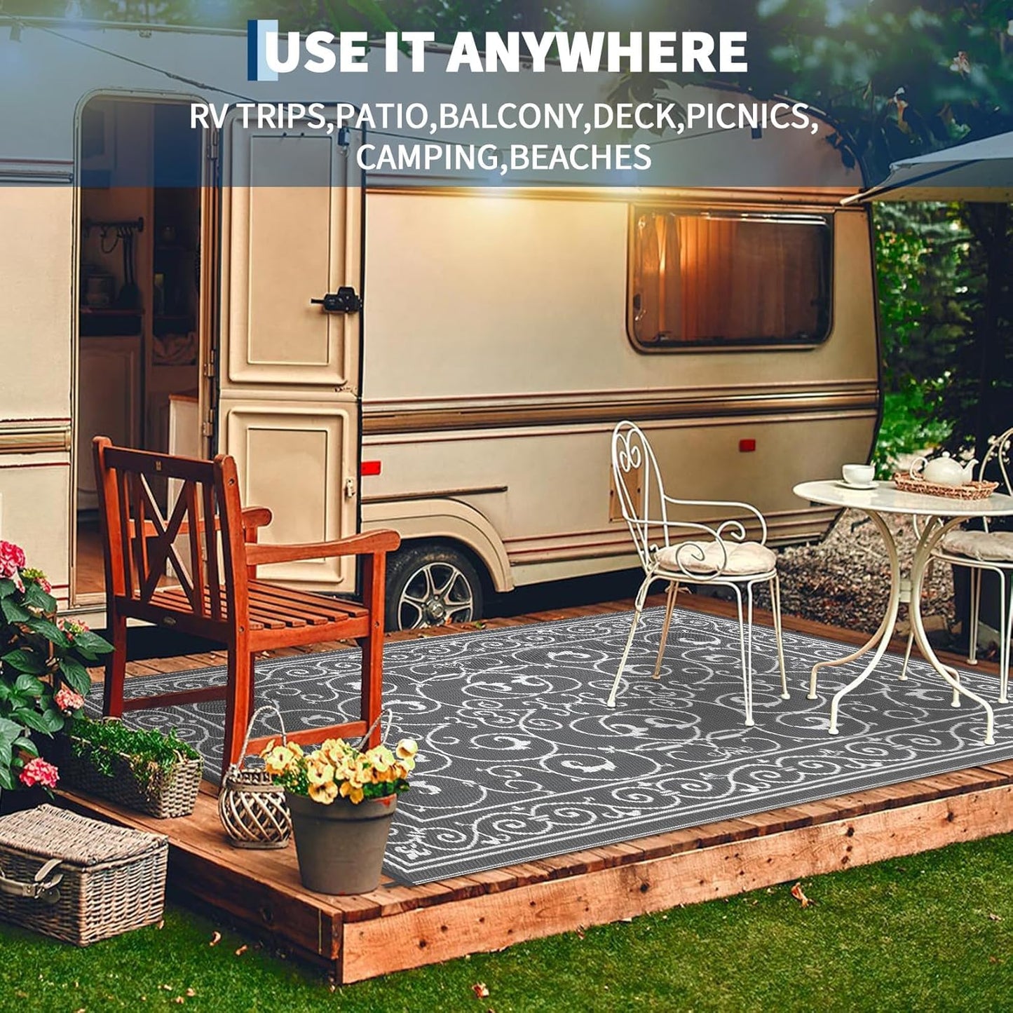 9x12 Outdoor Rug Waterproof Foldable Plastic Straw Carpet for Patio Porch Vintage Reversible Mat Lightweight Floor Mat for Picnic, Backyard, Rv, Beach, Deck, Camper, Balcony,Grey