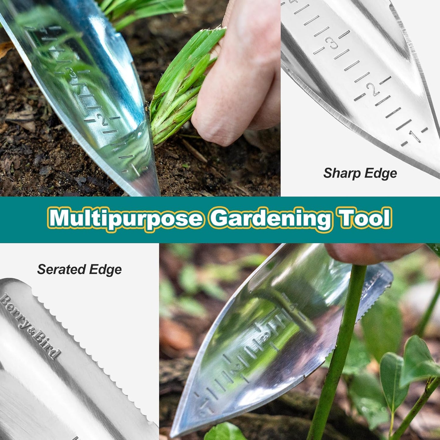 Berry&Bird Potting Trowel, Stainless Steel Serrated Hand Shovel, Wood Handle Garden Trowel Tool with Measuring Scale for Effortless Digging,Roots,Planting, Cutting and Transplanting