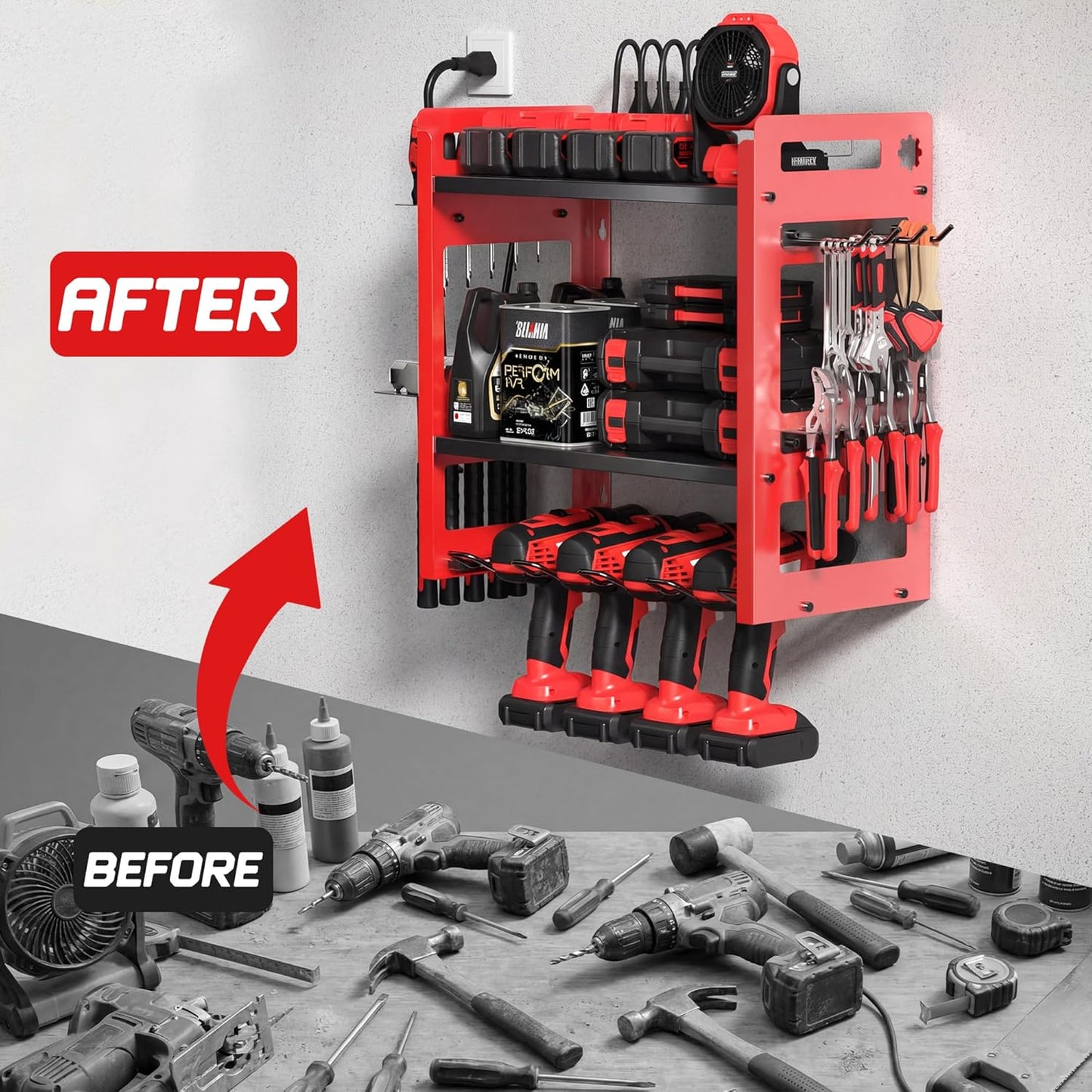 TOPRINCE Power Tool Organizer Wall Mount with Charging Station, 3-Tier Heavy Duty Metal Tool Rack with 4 Drill Holders and 6FT Power Strip, Garage Workshop Storage.Red