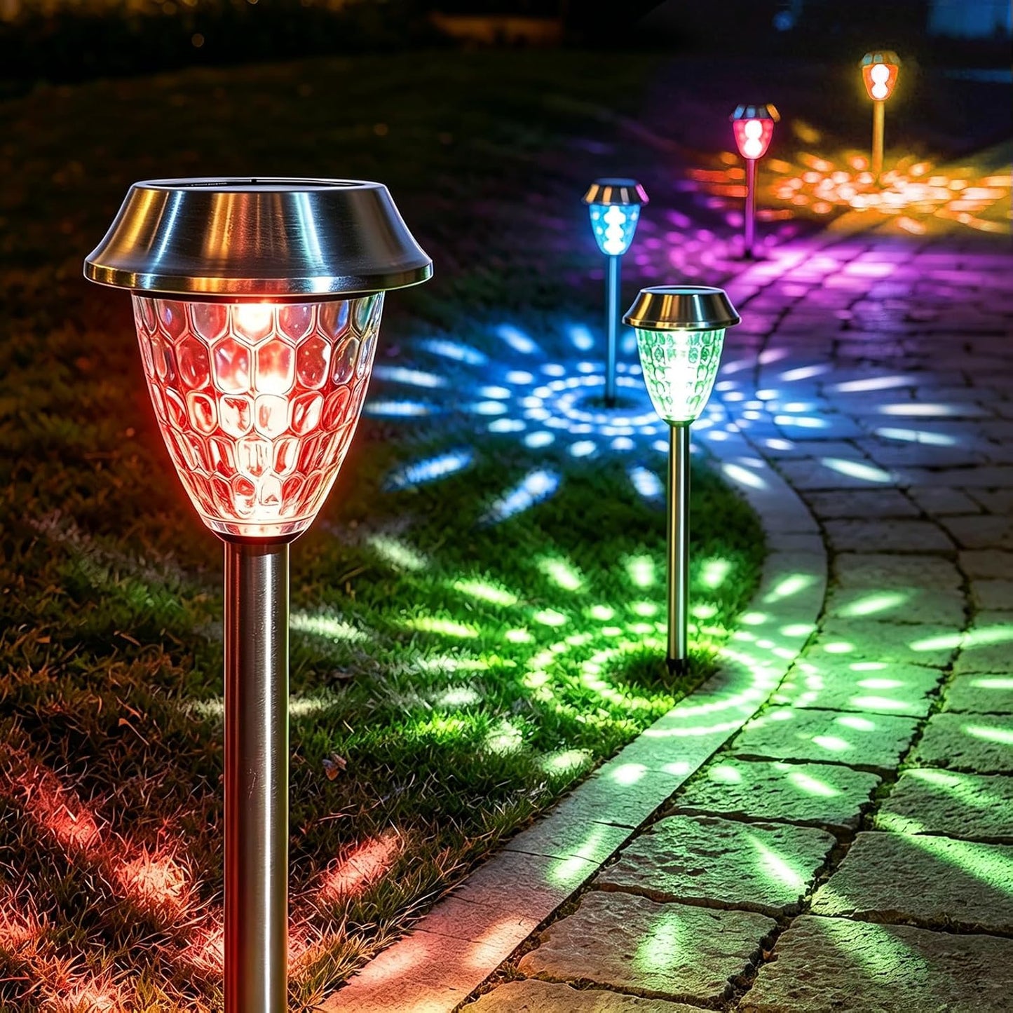 Solar Pathway Lights Outdoor 4 Pack, Glass & Metal Solar Lights with 10 Lumens Brightness, IP65 Waterproof, Warm White & RGB Modes, Decorative Solar Garden Lights for Yard, Walkway, Driveway