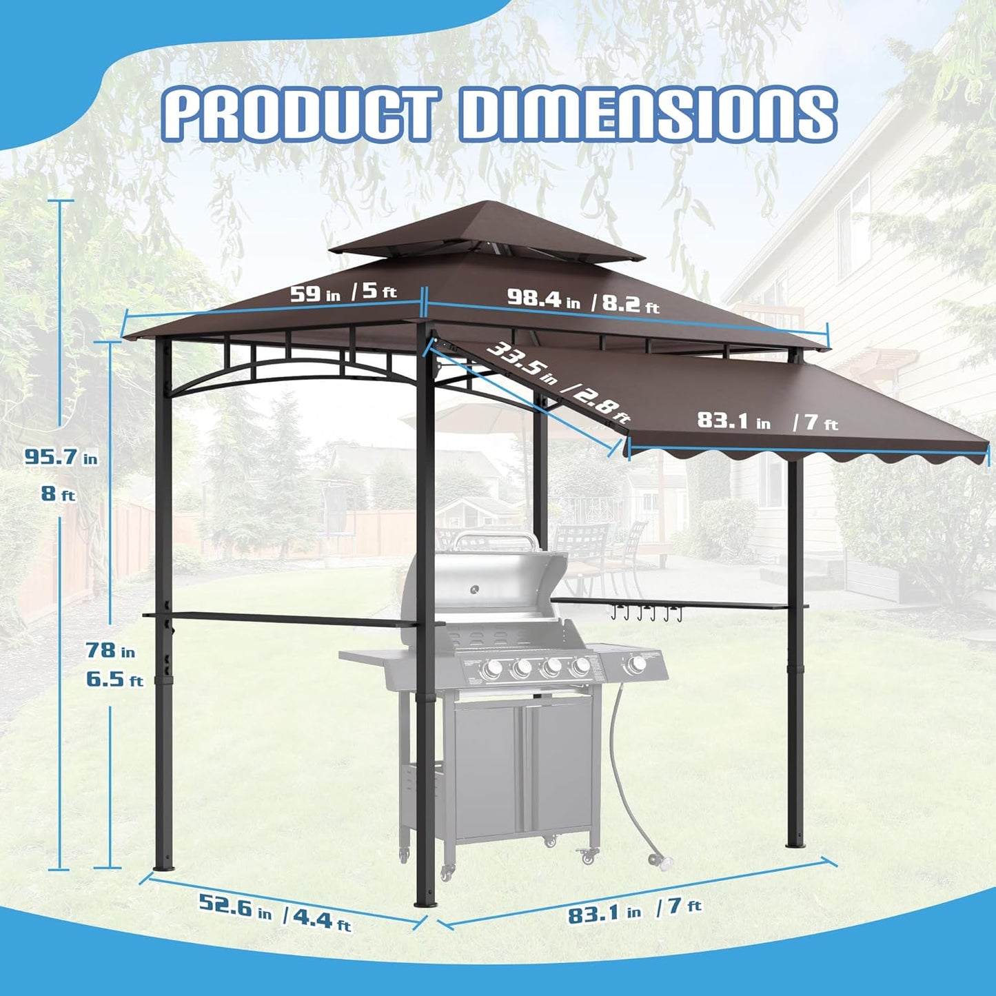 8x8x5 FT BBQ Grill Gazebo Outdoor, Double Tired Patio Canopy Tent with Side Awning Shelves, Barbecue Shelter with 14 Hooks and Bottle Opener for Backyard Garden Poolside, Brown