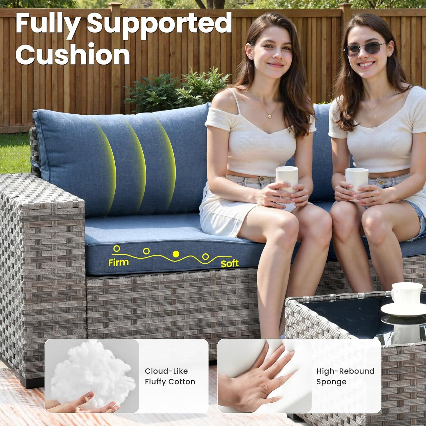 ovios 13 Pieces Patio Furniture Set, Outdoor Wicker Sectional Sofa with 54 Inch Fire Pit Table Comfy Cushions, Modern Modular Deep Seat Rattan Couch Conversation Set, Denim Blue