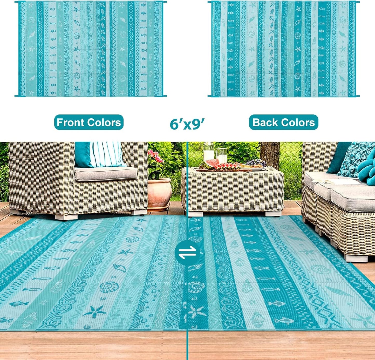 Lahome Outdoor Rug Waterproof, 6x9 Reversible Outdoor Plastic Straw Rug for Camping, RV Patio Rugs Large Carpet for Porch Deck Backyard Balcony Picnic(Blue/Multi,6'x 9')