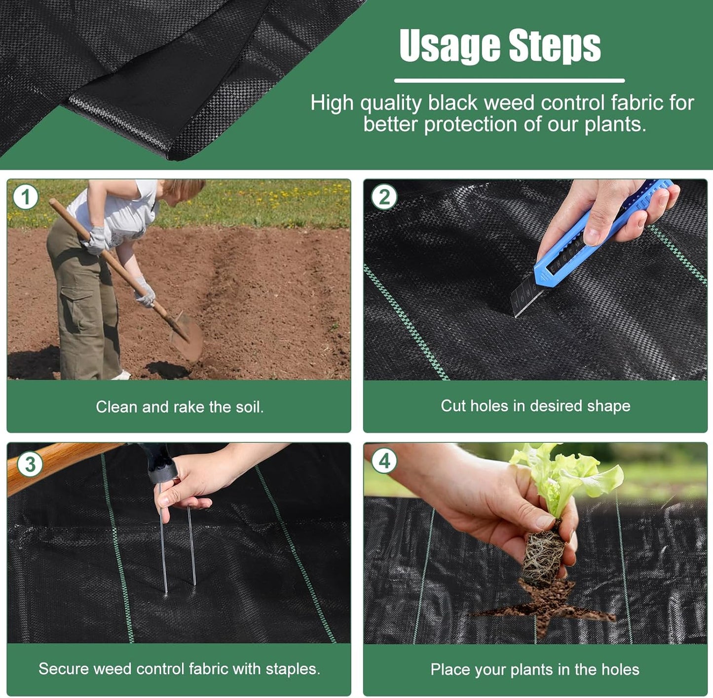 4 x 100FT Garden Weed Barrier Landscape Fabric Heavy Duty Weed Fabric Barrier Premium Garden Ground Cover Weed Control Mat with 30 U-Shaped Securing Pegs for Garden Farming Ground (4 x 50FT 2 Pack)