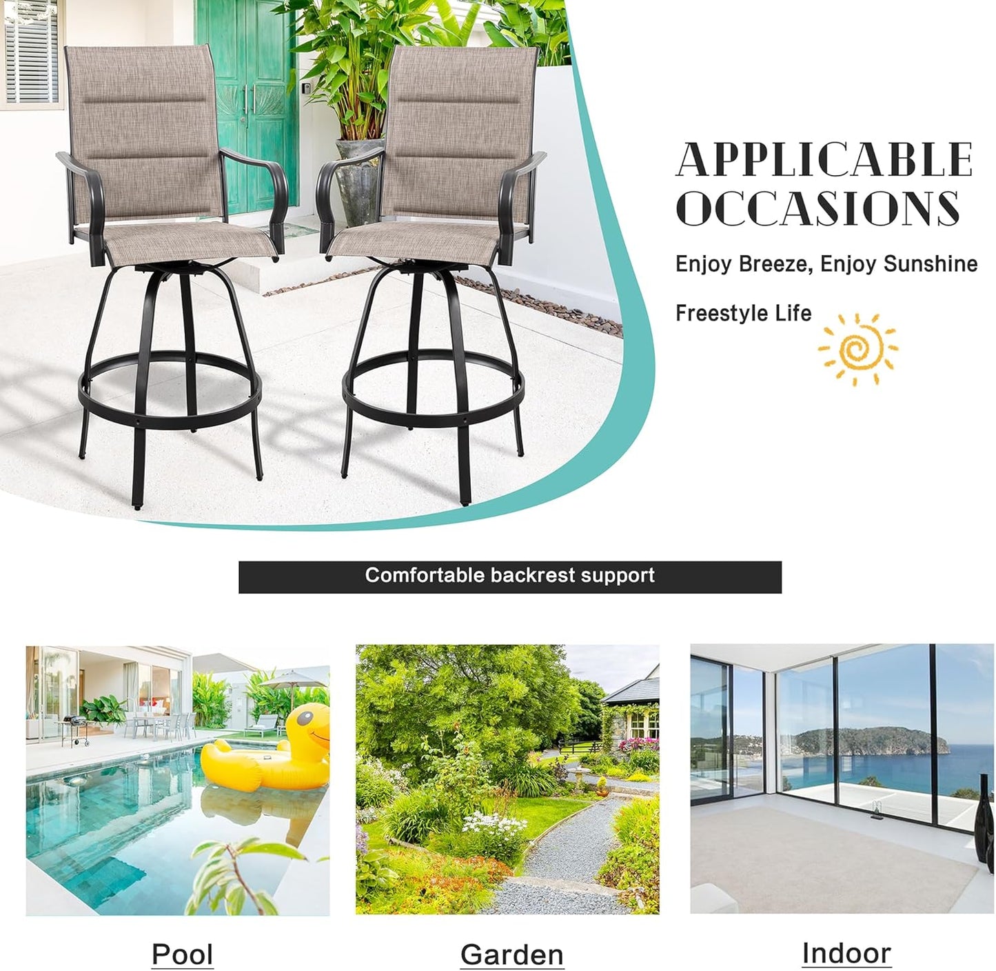 Vongrasig 6 Piece Outdoor Patio Swivel Bar Chairs, All Weather Padded Sling Textile High Top Bar Stools, Bistro Set for Backyard, Lawn Garden, Balcony, Gray