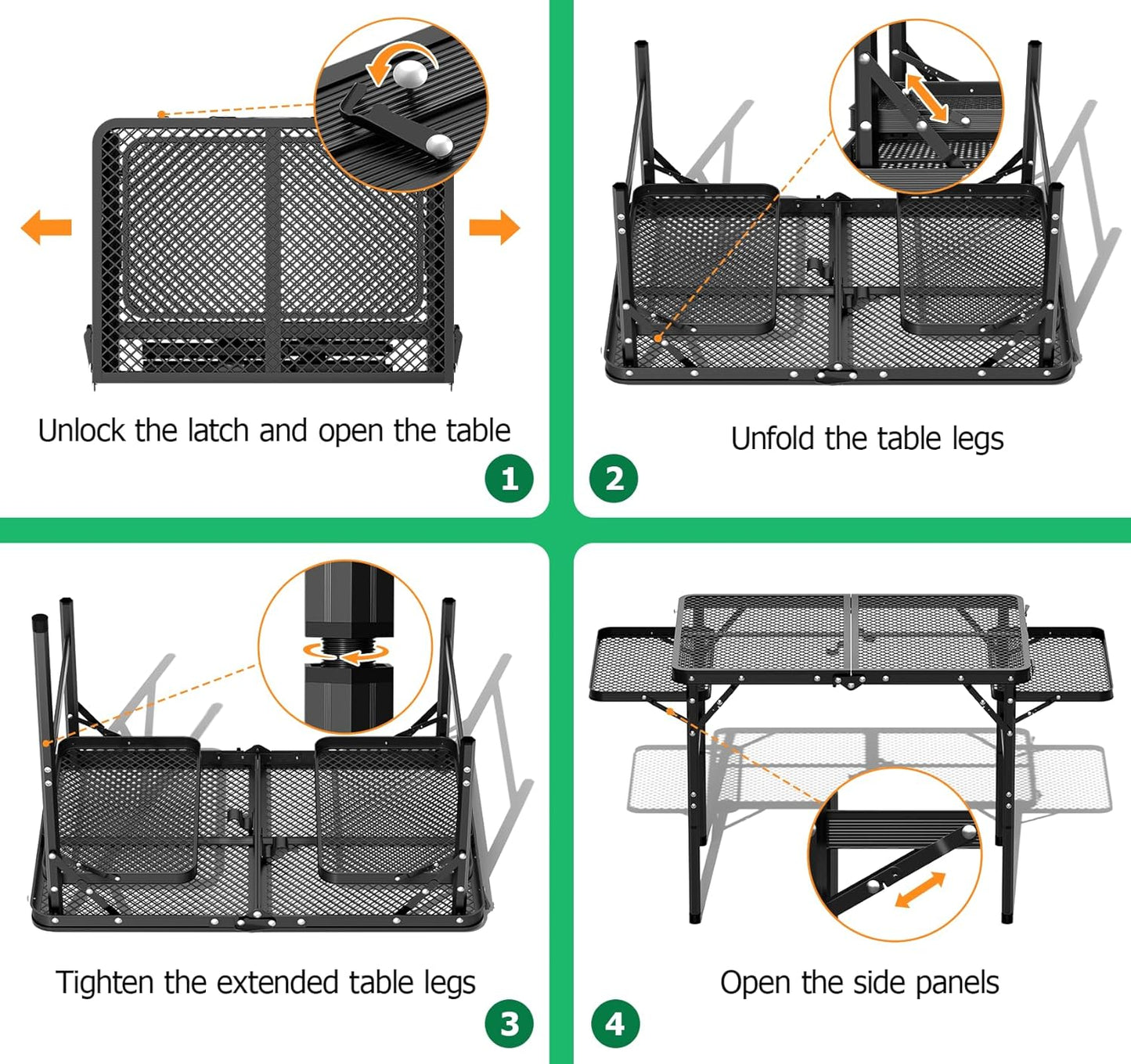 Folding Grill Table 30.3" Height Adjustable, Outdoor Camping Table with 2 Extra Desktops, 3x2 FT Portable Metal Grill Table for Outside for Picnic BBQ Camping Beach