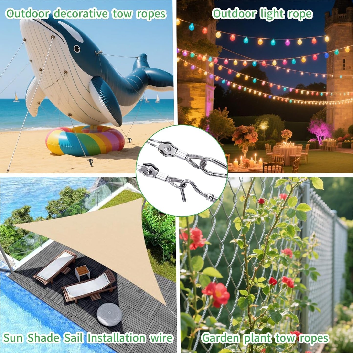 1/8" Wire Cable Rope Kit ,Vinyl Coated 304 Stainless Steel Wire – 300FT 7x7 Strand Cable with Turnbuckles,Shade Sail & Hanging Lights Hardware Kit for Outdoor, Garden,Patio, Crafts, Hanging Lights