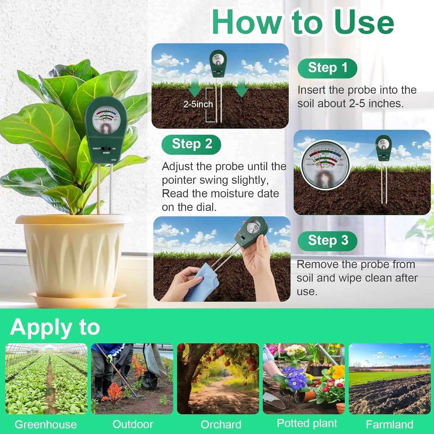 Adoric Soil Moisture Meter, 3-in-1 Soil pH, Moisture & Fertility Meter Soil Tester for Plants Battery-Free Garden Tool for Indoor & Outdoor Use, Accurate & Fast Response Soil Kit for Home Farm & Lawn