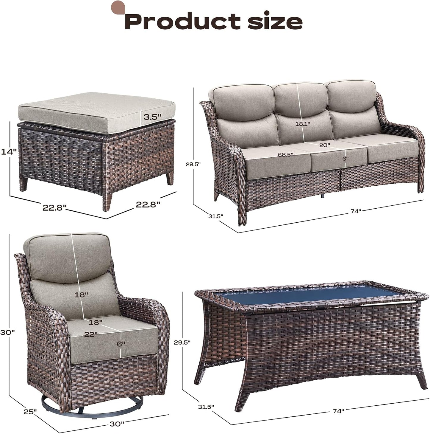 Wicker Outdoor Patio Furniture Set - 8 Piece Patio Conversation Sets with Swivel Rocker Chairs, Ottomans, Sofa and Coffee Table, 6 inch Cushions, Deep Seating, for Porch Deck Brown/Beige