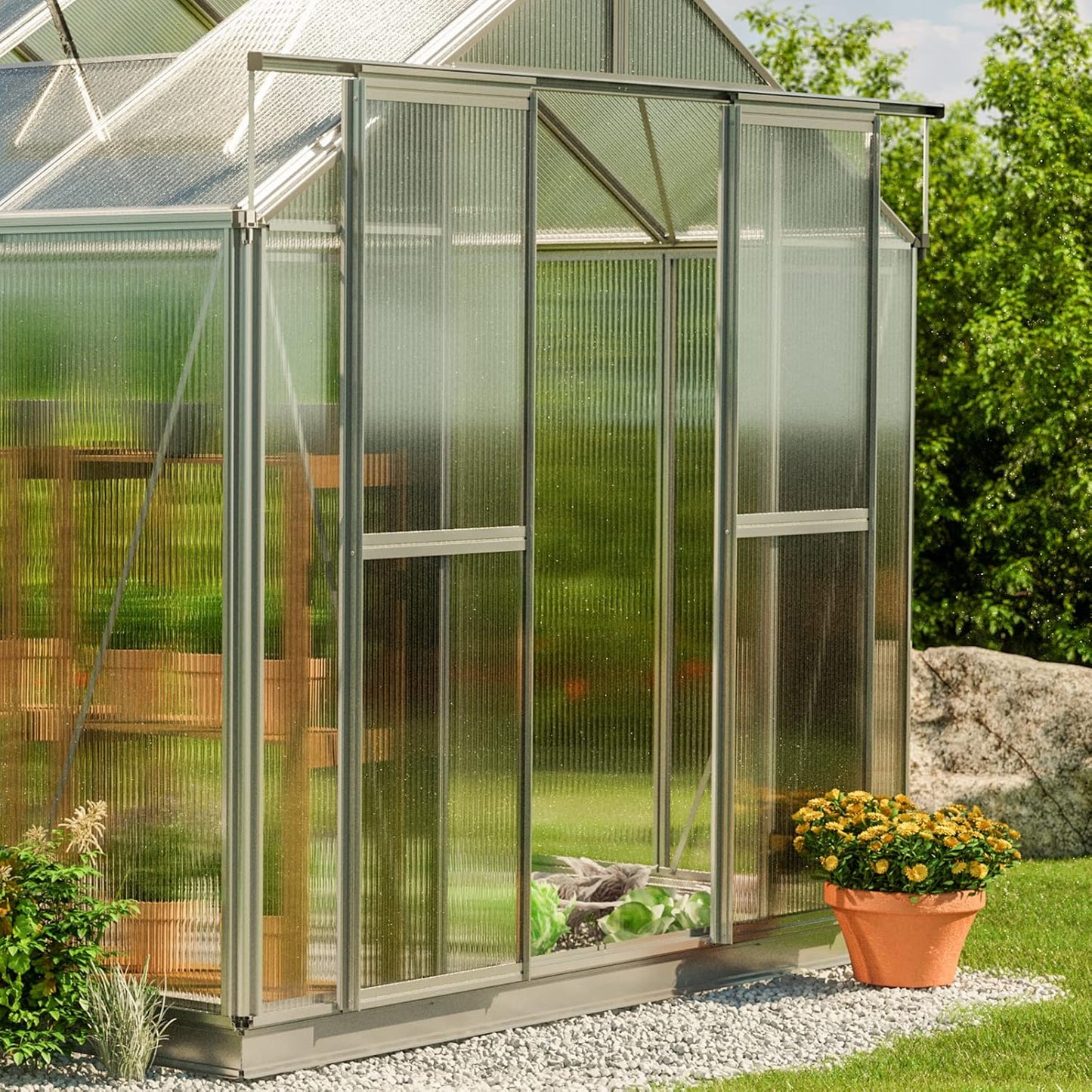Greenhouse Saphir 4 Aluminum Frame 8.5 x 8.5 ft Approx. 8 mm Polycarbonate Panels - with Bonus Base Frame and Automatic Vent Opener