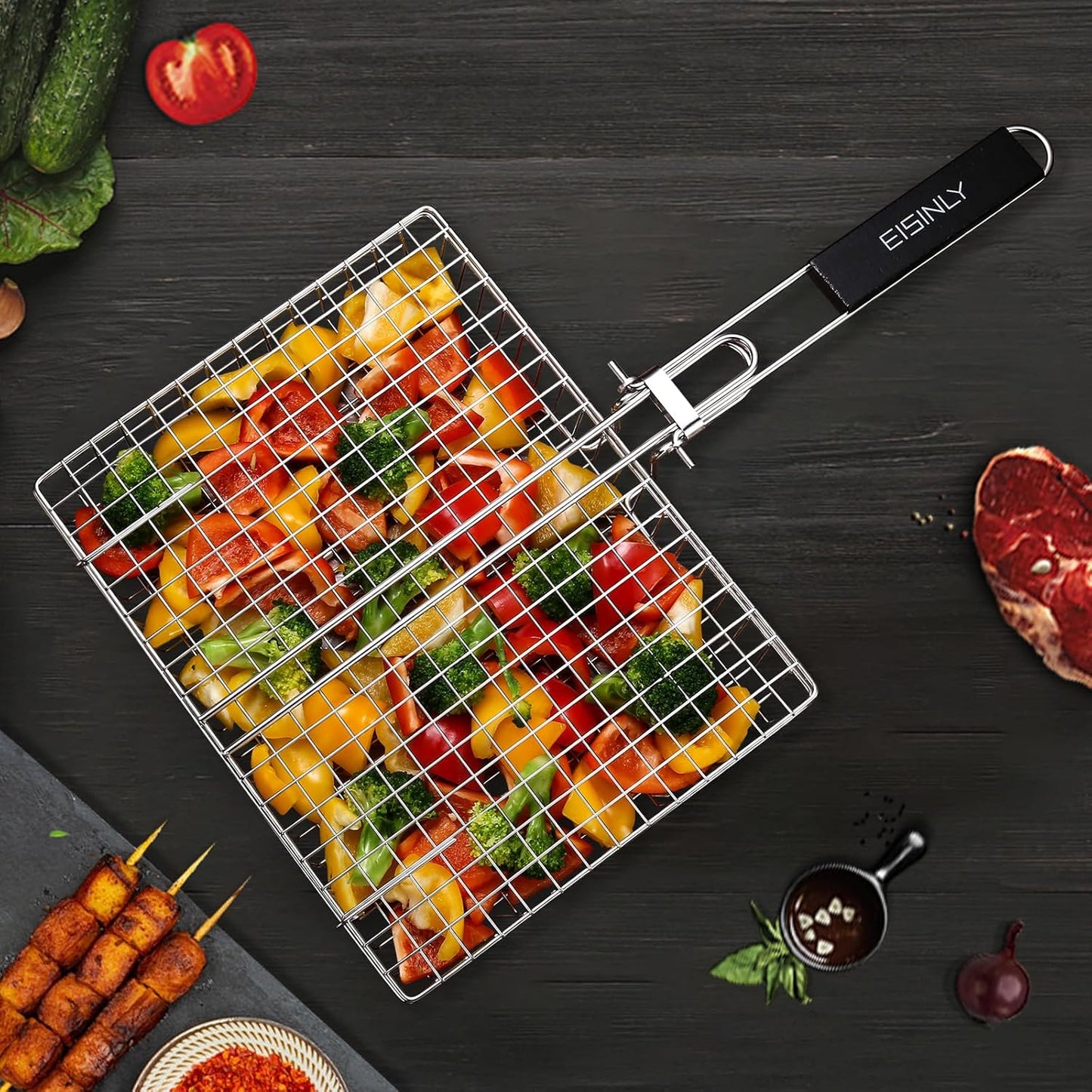 Portable Grill Basket, EISINLY BBQ Grilling Basket for Outdoor Grill with Removable Handle, Stainless Steel Camping Cooking Grill Accessories for Chicken Fish Vegetable