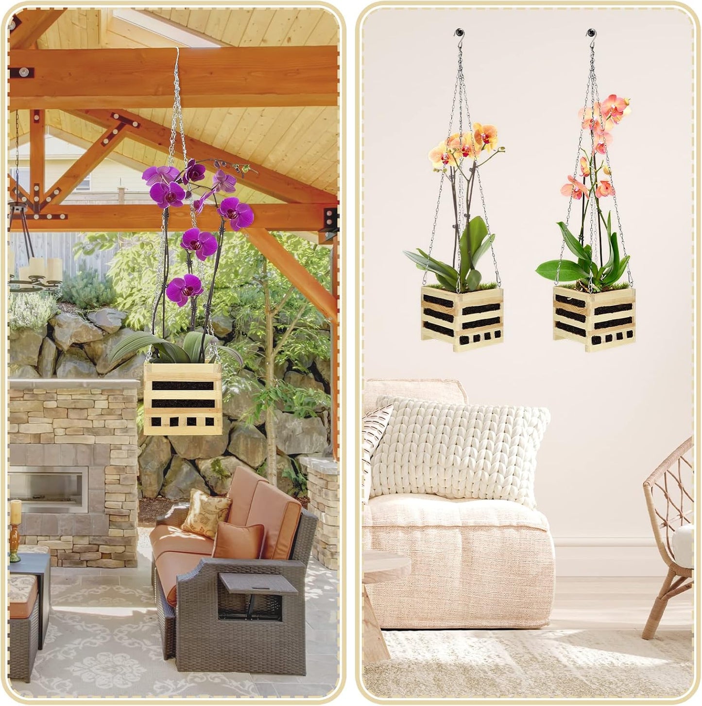 Bucherry Wooden Hanger Orchid Basket 6 Inches with Hangers Rustic Wood Hanging Orchid Planter Square Basket for Indoor or Outdoor Flower Planter with 20 Inches Hanger Chain(1 Set,6 Inch)