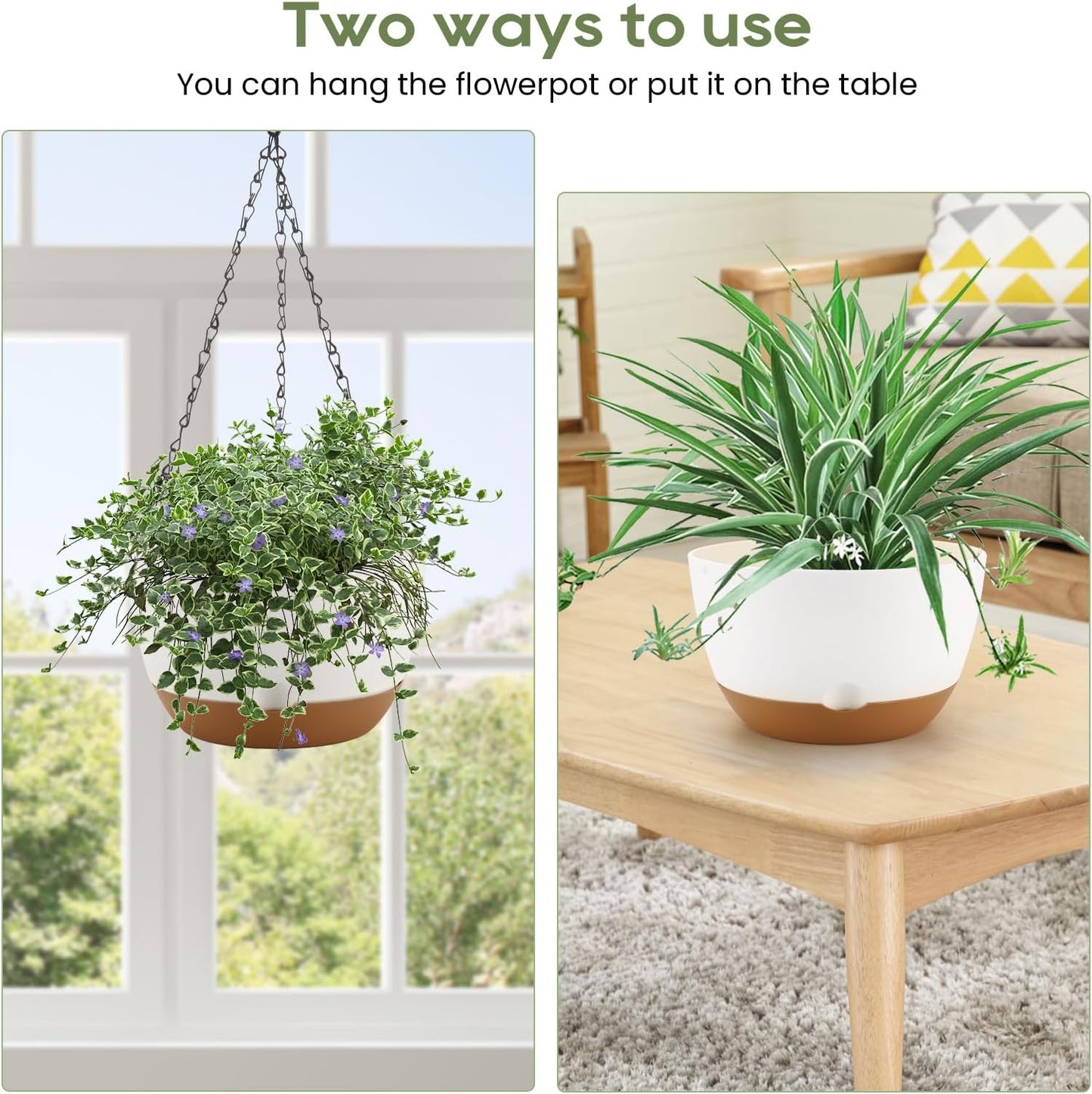 10 Inch Hanging Planter, 2 Pack Hanging Plant Self Watering Pot with Drainage Holes & Saucers, Hanging Baskets Flower Pots with Black Macrame Rope Hangers for Garden Home -White