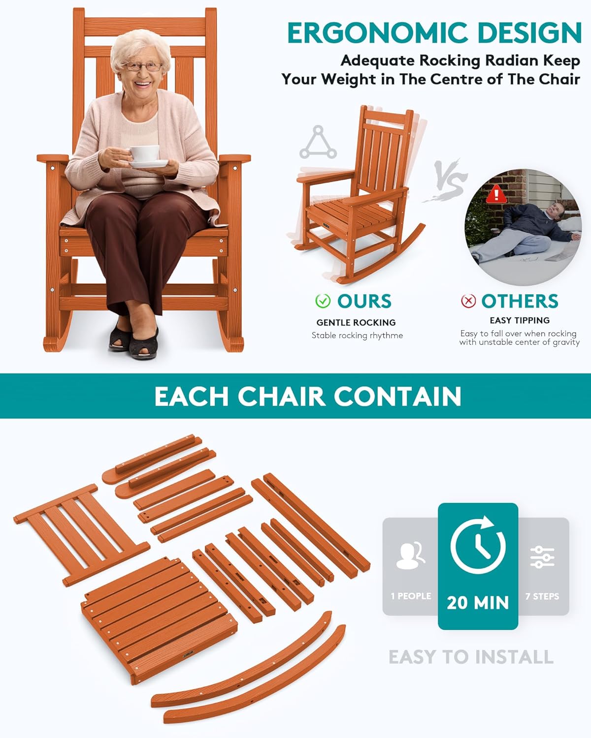 SERWALL Outdoor Rocking Chair Set for Porch (Chair Set of 2, Light Orange)