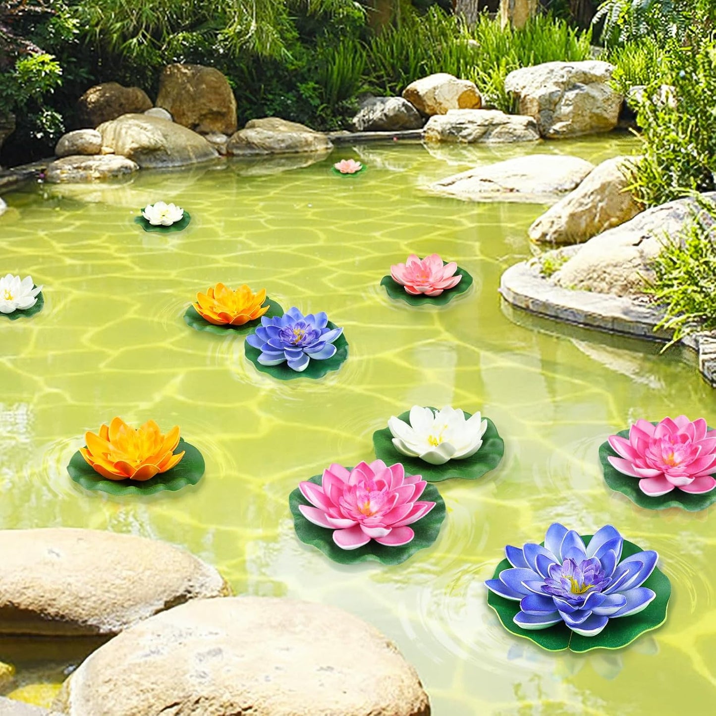 10PCS 3 Sizes Artificial Foam Lotus Floating Flowers with Water Lily Pad Ornaments for Home Garden Pond Decor Pools Water Decorations, Colorful