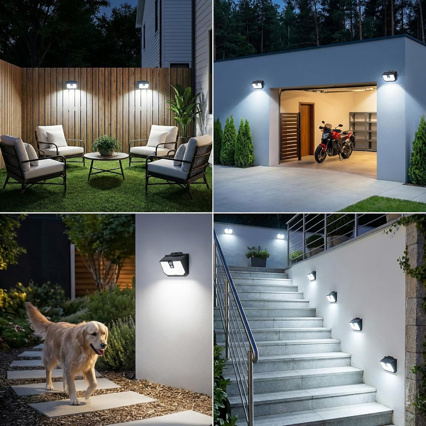 Brightever 4-Pack Solar Lights Outdoor Motion Sensor, Super Bright Outdoor Solar Lights Waterproof, 3 Lighting Modes Security Wall Lighting for Outside House, Pathway, Garden, Walking Dog, Fence
