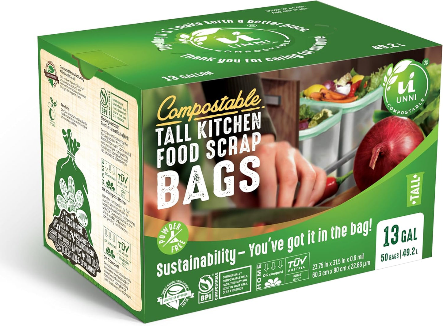 UNNI Compostable Trash Bags, 13 Gallon / 49.2 Liter, 200 Count Value Pack, Extra Thick 0.9 Mil Tall Kitchen Food Scrap Bin Liners, Certified by BPI, CMA & OK compost HOME, Meets ASTM D6400 Standard