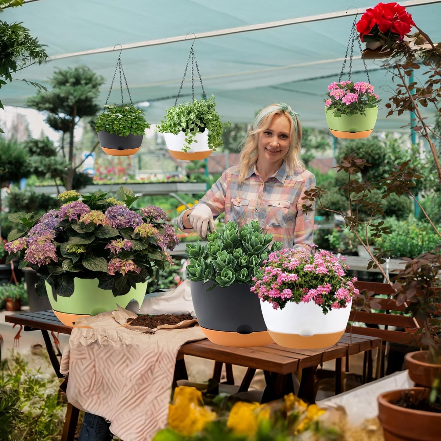 10 inch Hanging Planters Self Watering Pots for Indoor Plants, 3 Pack Plastic Hanging Basket with Removable Tray for Home Garden Porch Balcony Patio Decor (White)