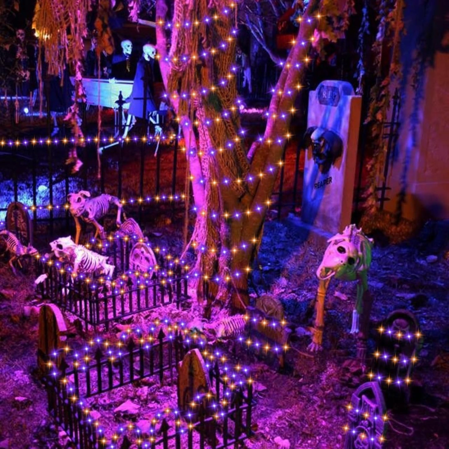 YEGUO Orange and Purple Halloween Lights Outdoor Waterproof, 4 Packs Each 33ft 100 LED Solar Fairy Light,8 Modes Black Wire String Lights