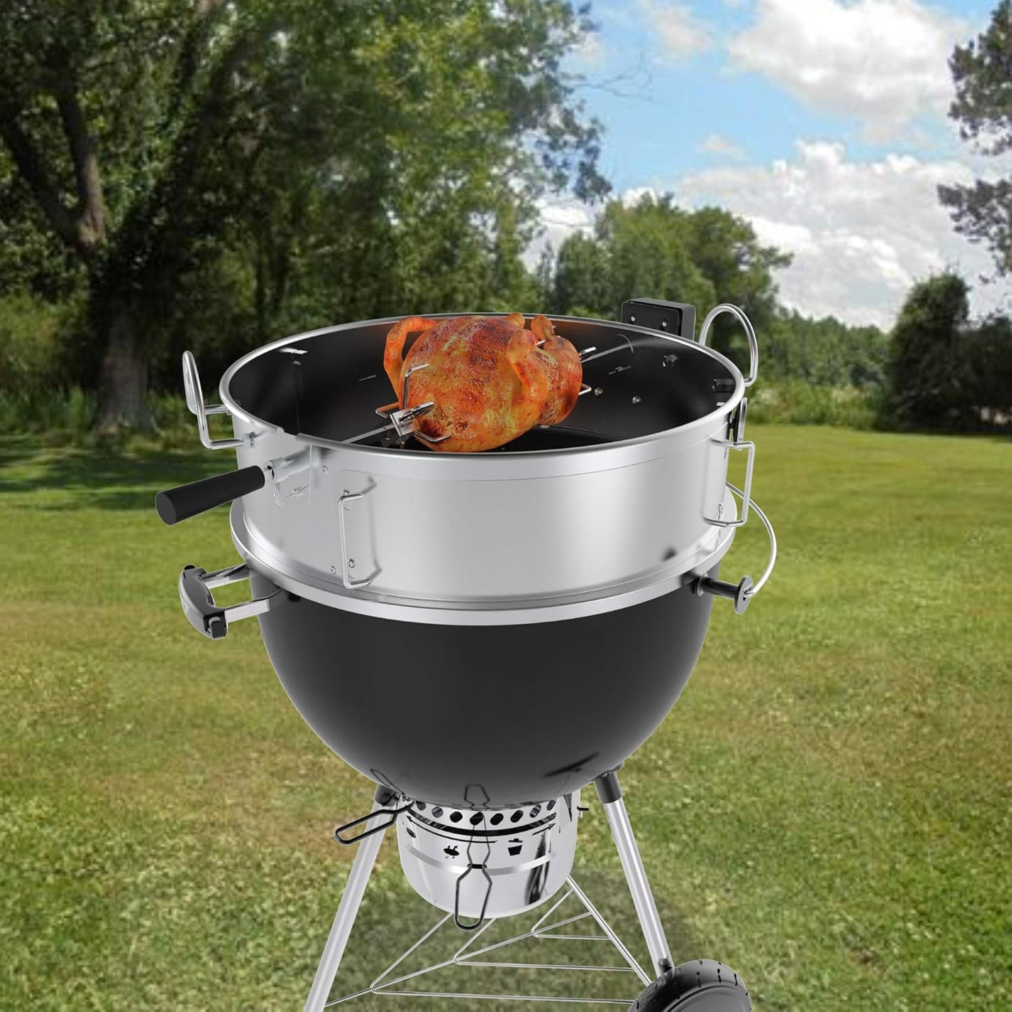 onlyfire Stainless Steel Multi-purpose Rotisserie and Pizza Combo Kit for Weber 22-Inch Kettle Charcoal Grills - Include Pizza Peel and Pizza Stone