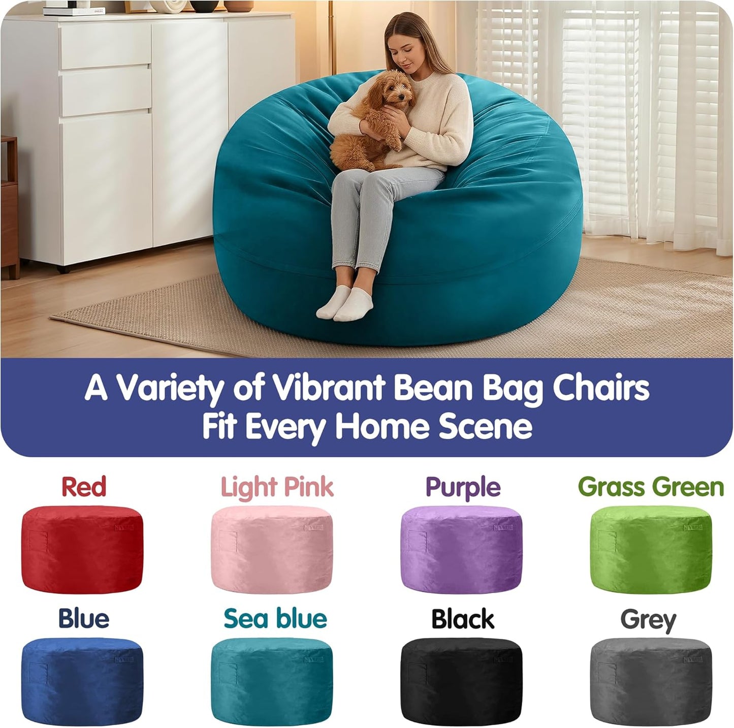 3FT Bean Bag Chairs,Comfy Beanbags Giant Bean Bags Chairs with Memory Foam Filling,Beanbag Chairs for Adults,Machine Washable Cover,Lazy Sofa for Gamming Room,Living Room & Bedroom,Sea Blue