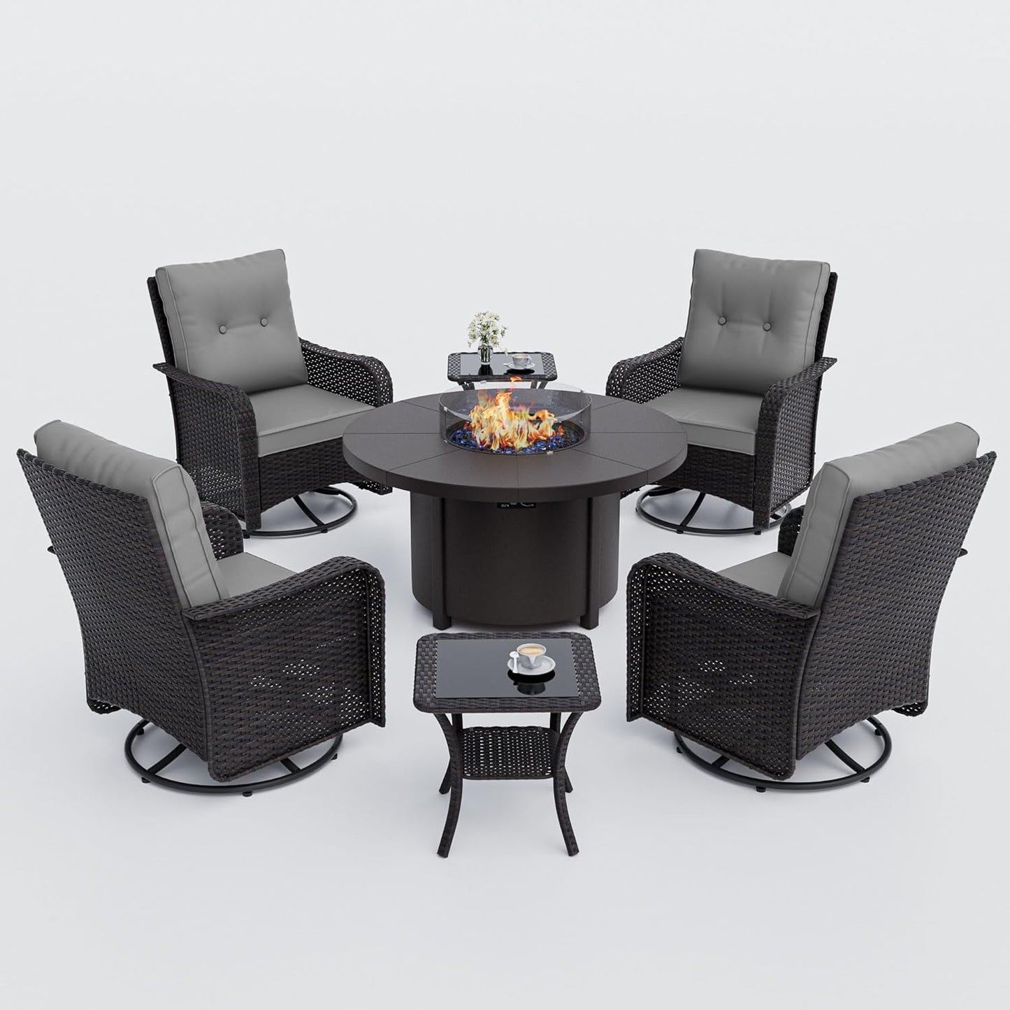 ALAULM 7-Piece Patio Furniture Set with 40,000 BTU Round Fire Pit Table, Outdoor Swivel Rocking Chairs Set, Wicker Patio Chairs with Side Table for Poolside, Deck, Backyard, and Garden—Grey