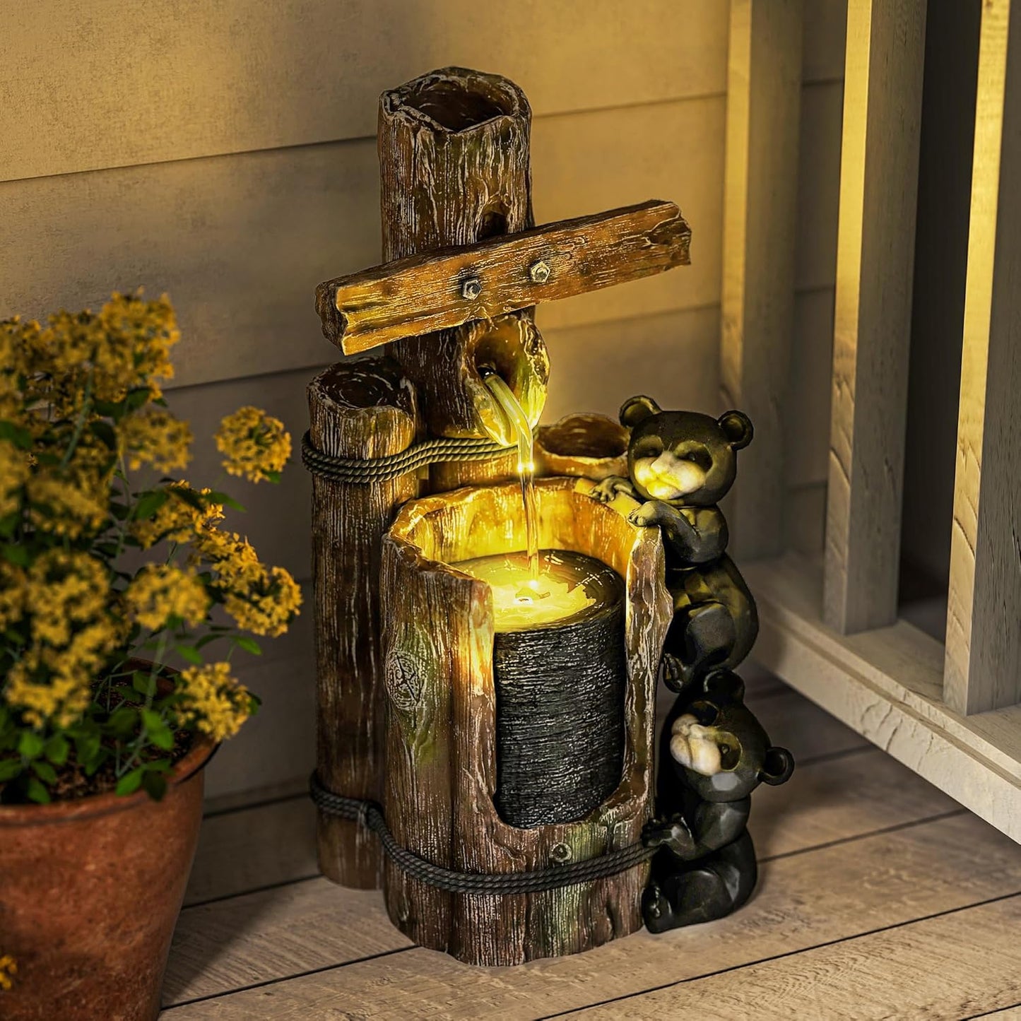 22.8" Outdoor Water Fountain, 3-Tier Resin Bears on Log Waterfall with LED Lights and Adjustable Pump, Rustic Floor Standing Garden Decor for Patio, Porch, Backyard, Brown