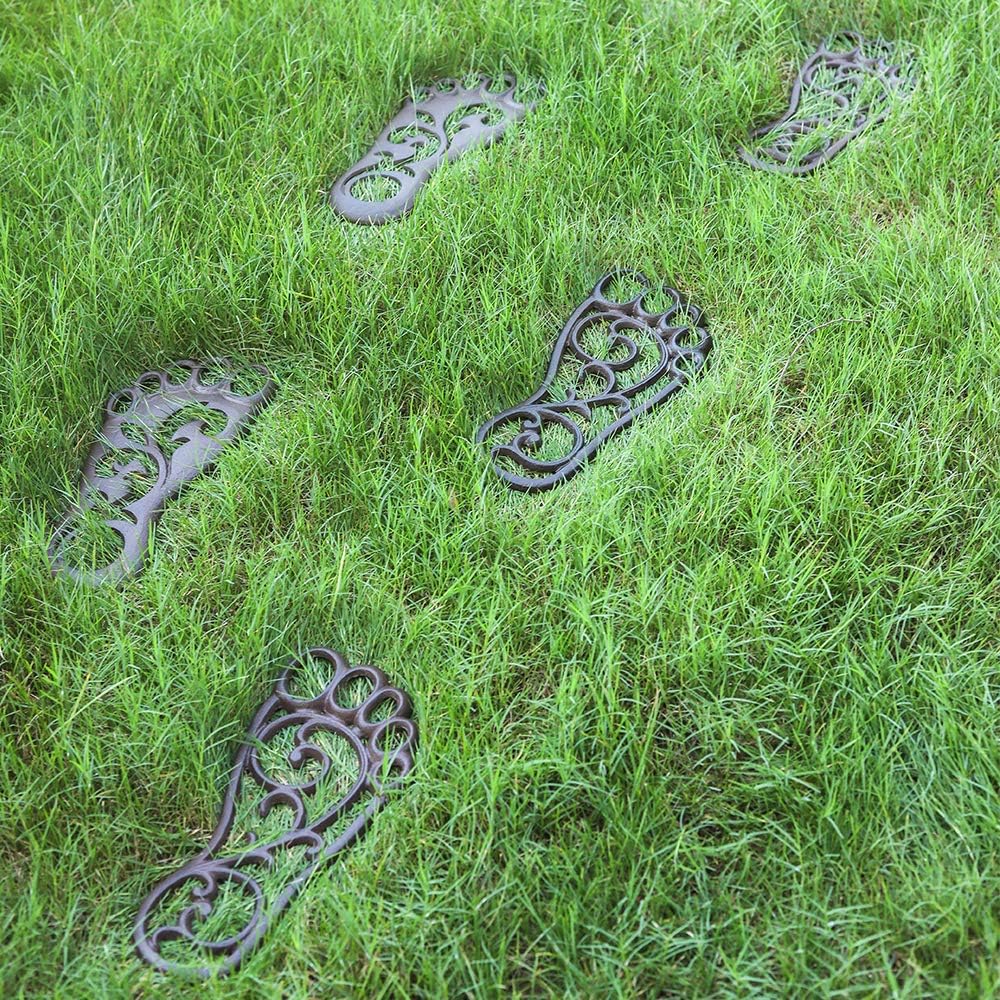 Sungmor Heavy Duty Cast Iron Stepping Mats for Front Door, 2PC 11.8 Inch Long Sturdy Metal Left & Right Footprint Stepping Stone, Retro Elegant Decorative Mat for Garden Lawn Panel Walkway Landscaping