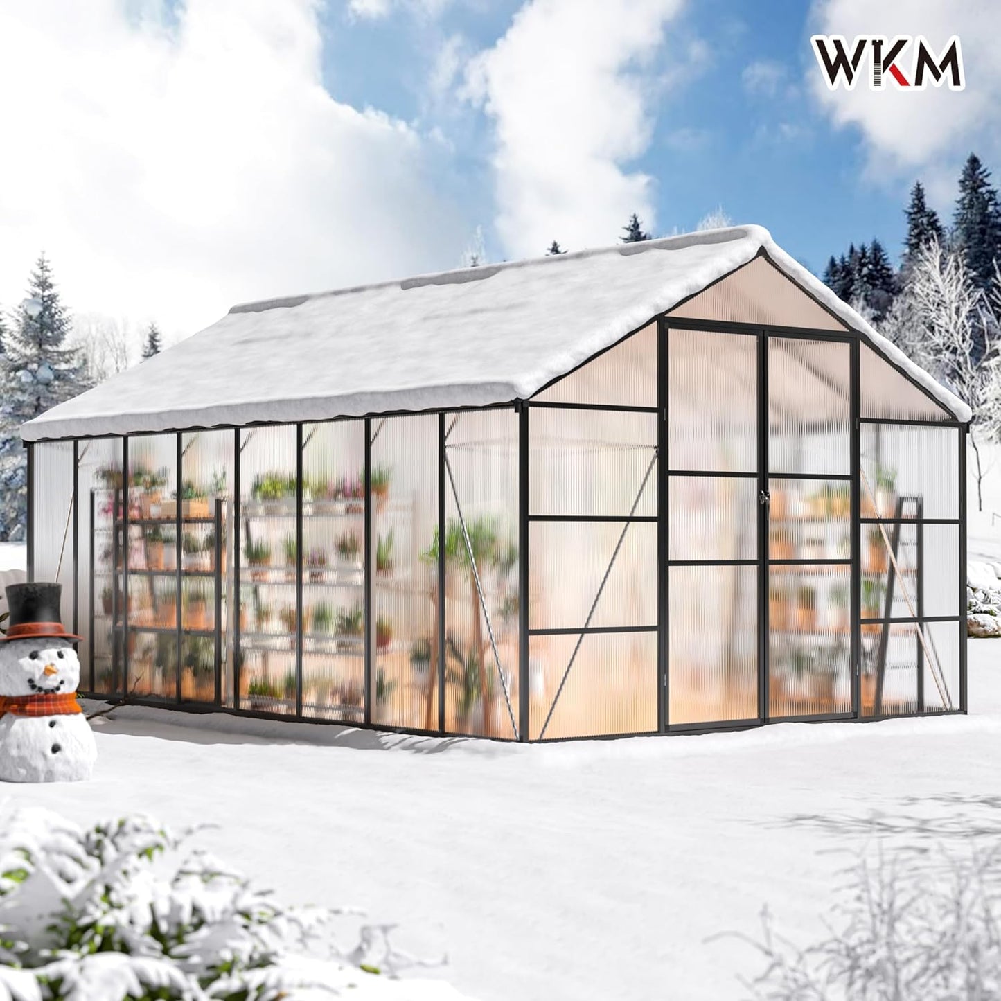WKM 10x16 FT Greenhouse for Outdoors, Walk-in Polycarbonate Greenhouse with Roof Vent and Quick Setup Structure, Heavy Duty Green House for Outside Garden Backyard, Black