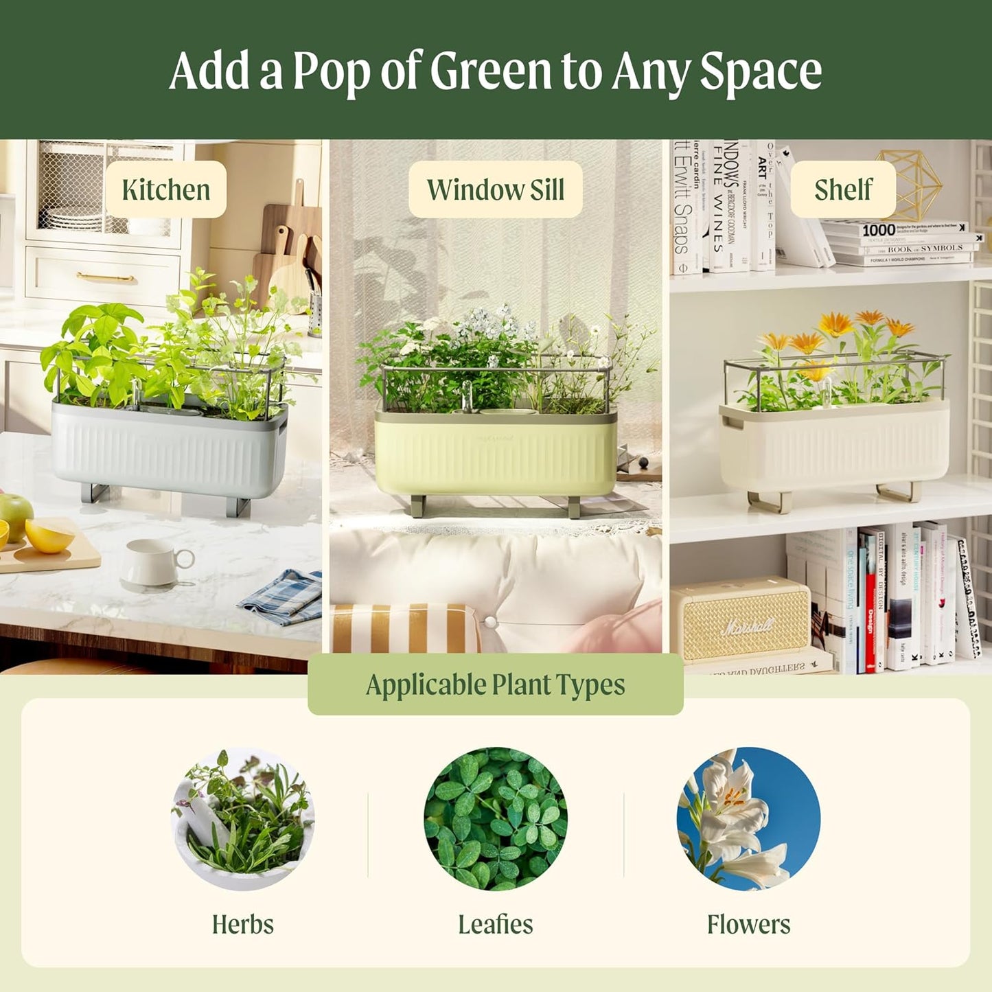 Vego Garden 2 Pack Herb Indoor Planter Box, Self Watering Pots with Trellis for Kitchen Window Sill or Countertop Plants Cage - Cream White