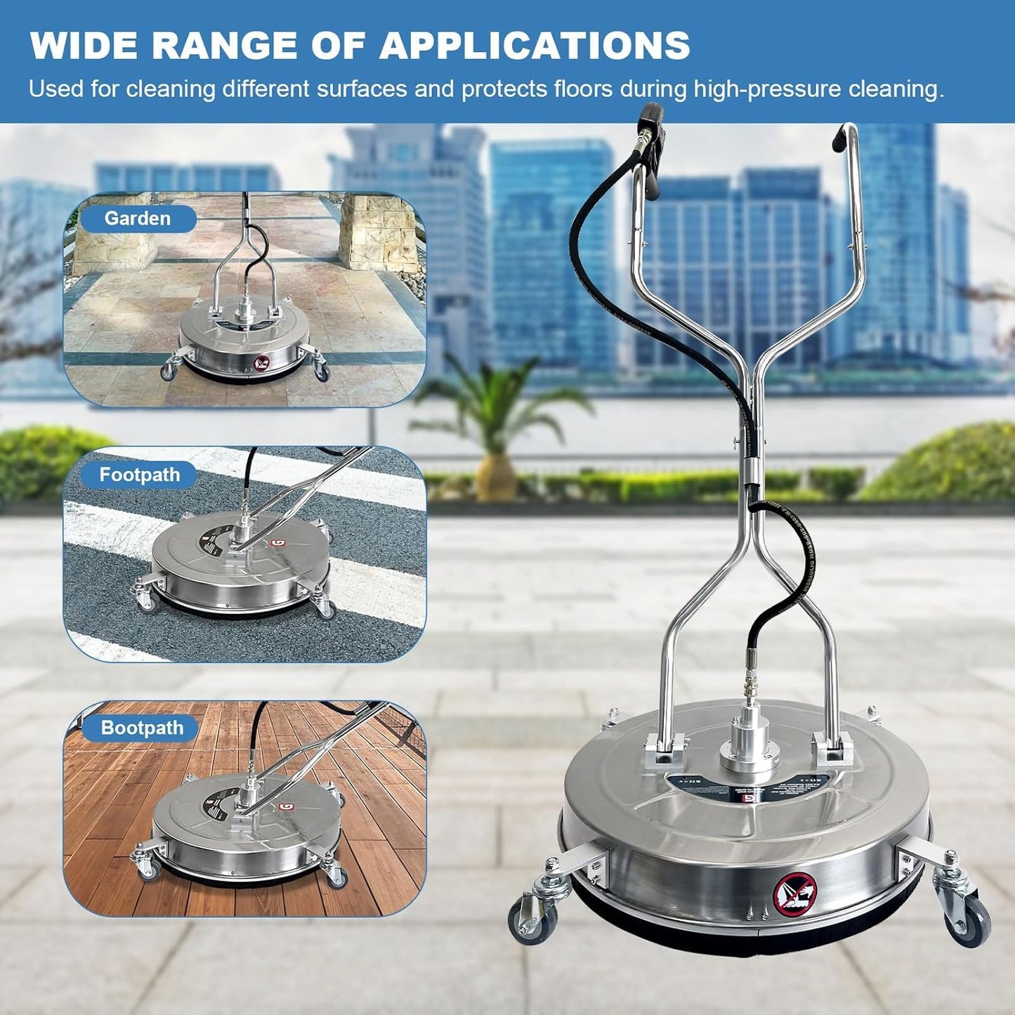 Garvee 24 in Pressure Washer Surface Cleaner with 4 Wheels&Dual Handles, 4900PSI Stainless Steel Surface Cleaner Attachment for Pressure Washer for Concrete Driveway Sidewalk Deck Patio