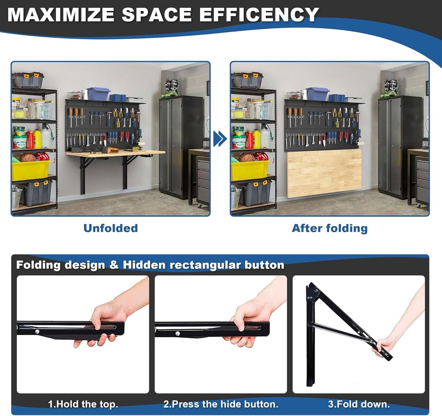 Ultrawall Wall Mounted Workbench with Pegboard, Folding Down Work Table Metal Pegboard Wall Organizer for Garage, Workshop, 48”X24”