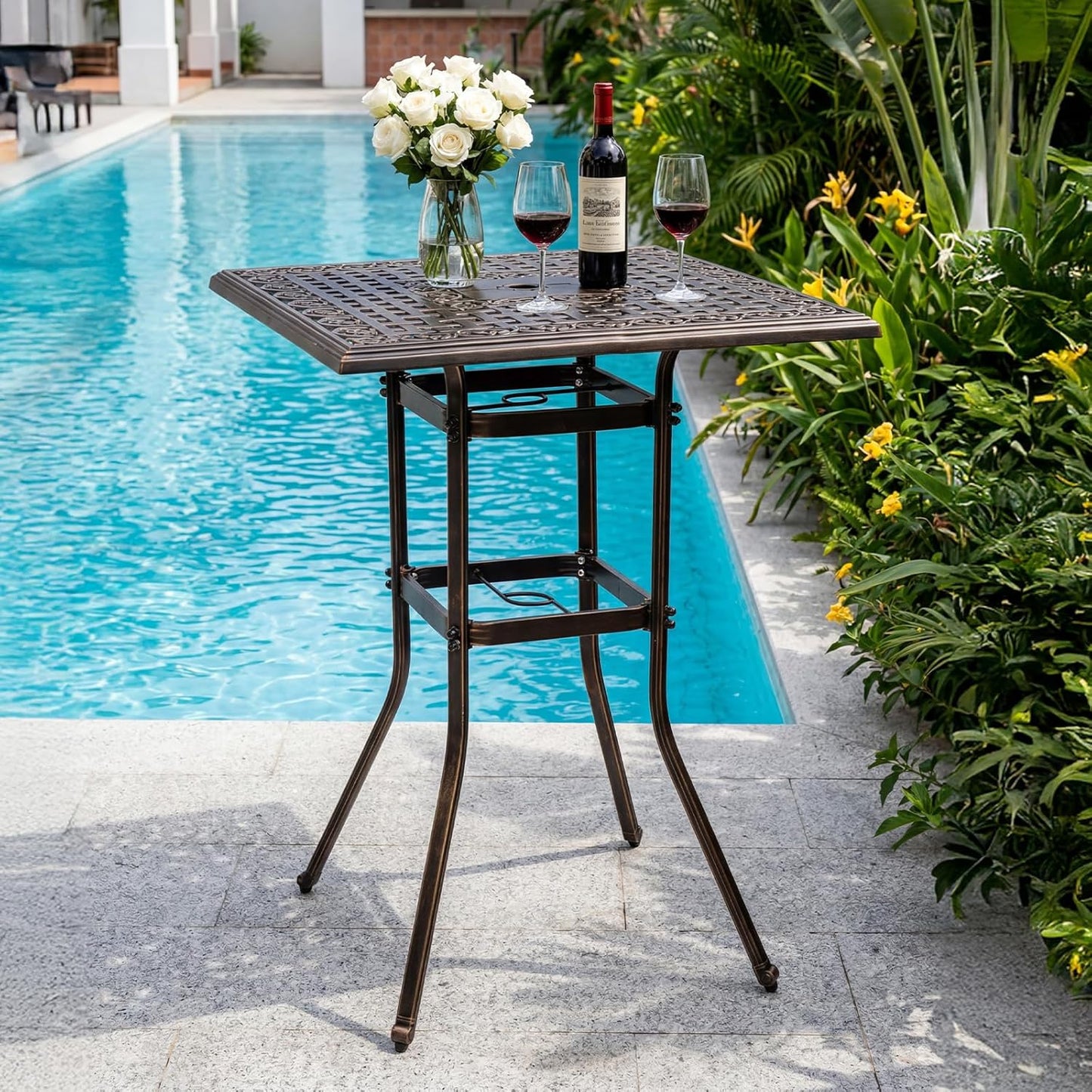 VINGLI Cast Aluminum Patio Bar Table, 42" Height High Top Outdoor Bar Table with Umbrella Hole, Pub Height Bistro Square Table for Paito Lawn Garden