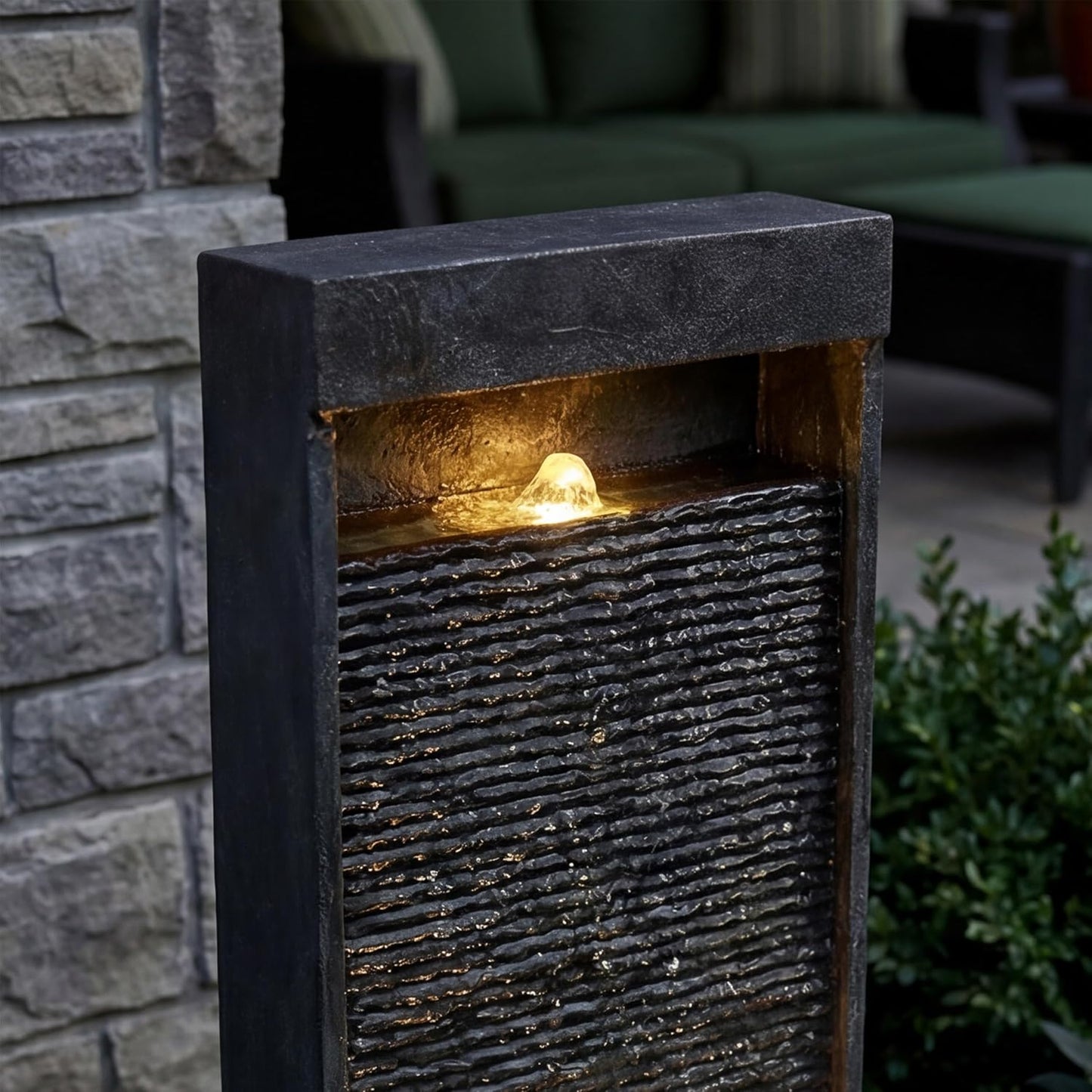 35-Inch Outdoor Water Fountain, Modern Curved Faux Slate Resin Indoor Waterfall Fountain with 2 Warm LED Lights, Home Art Decor for Garden, Patio, Yard, Deck, Porch, Balcony in Black