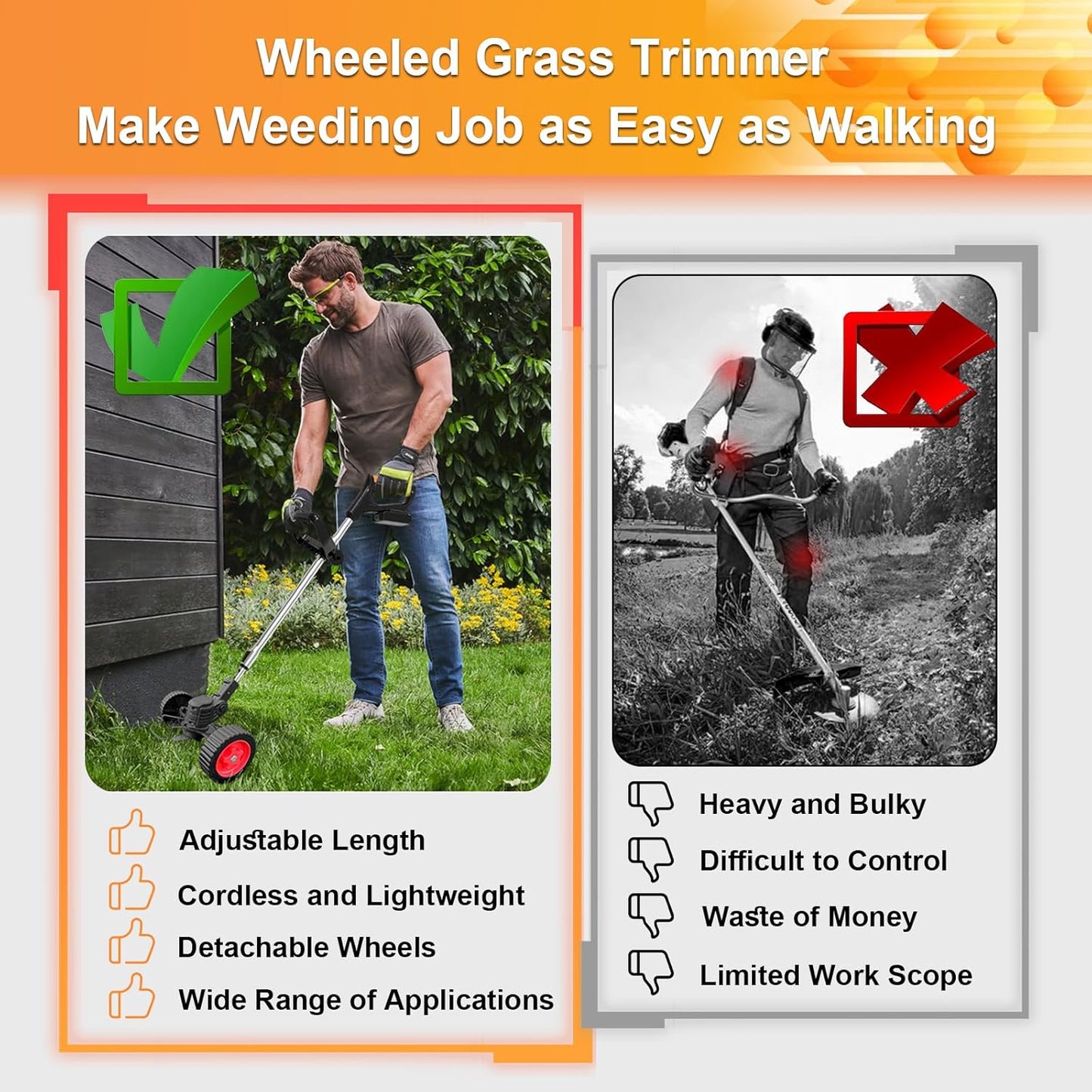 Electric Weed Wacker Eater Cordless, Weed Wacker Battery Powered, Weed Trimmer with 2 21V/2Ah Battery Operated & 15 Blades & Wheels, No-String Grass Trimmer/Brush Cutter/Edger for Garden Yard