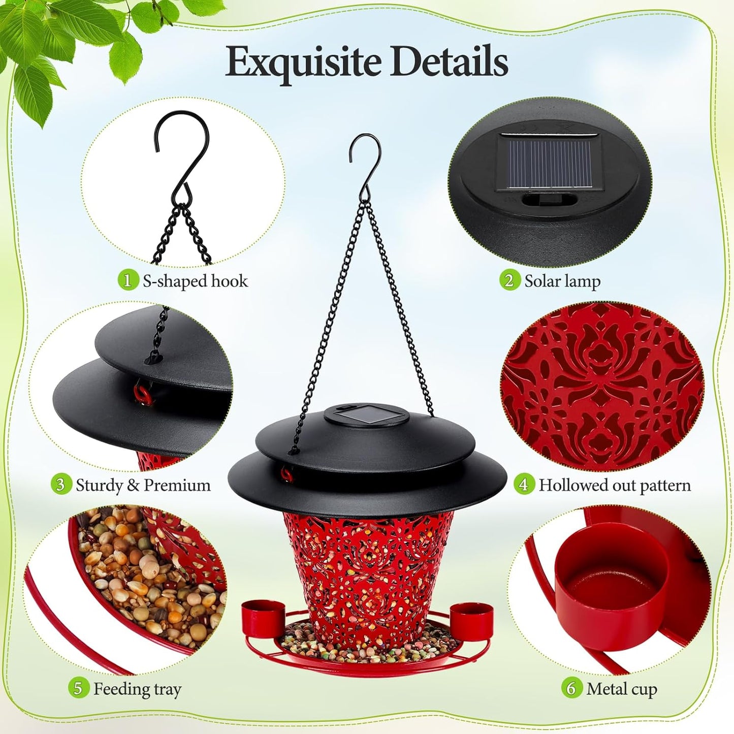 Solar Bird Feeders for Outside Hanging Metal Wild Bird Feeder Solar Lanterns Outdoor Waterproof Garden Decor for Yard red