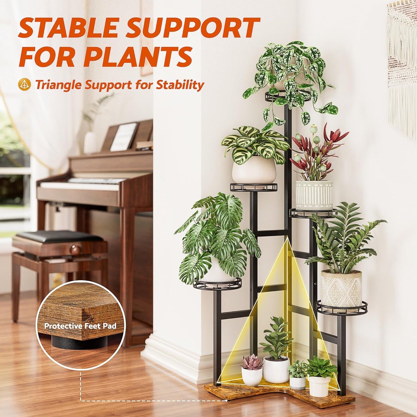 Tall Plant Stand Indoor Outdoor, 6 Tier Corner Tall Metal Wood Shelf Display Rack, Multi-tier Planter Pot Holder Flower Stand for Garden Balcony Living Room Bedroom