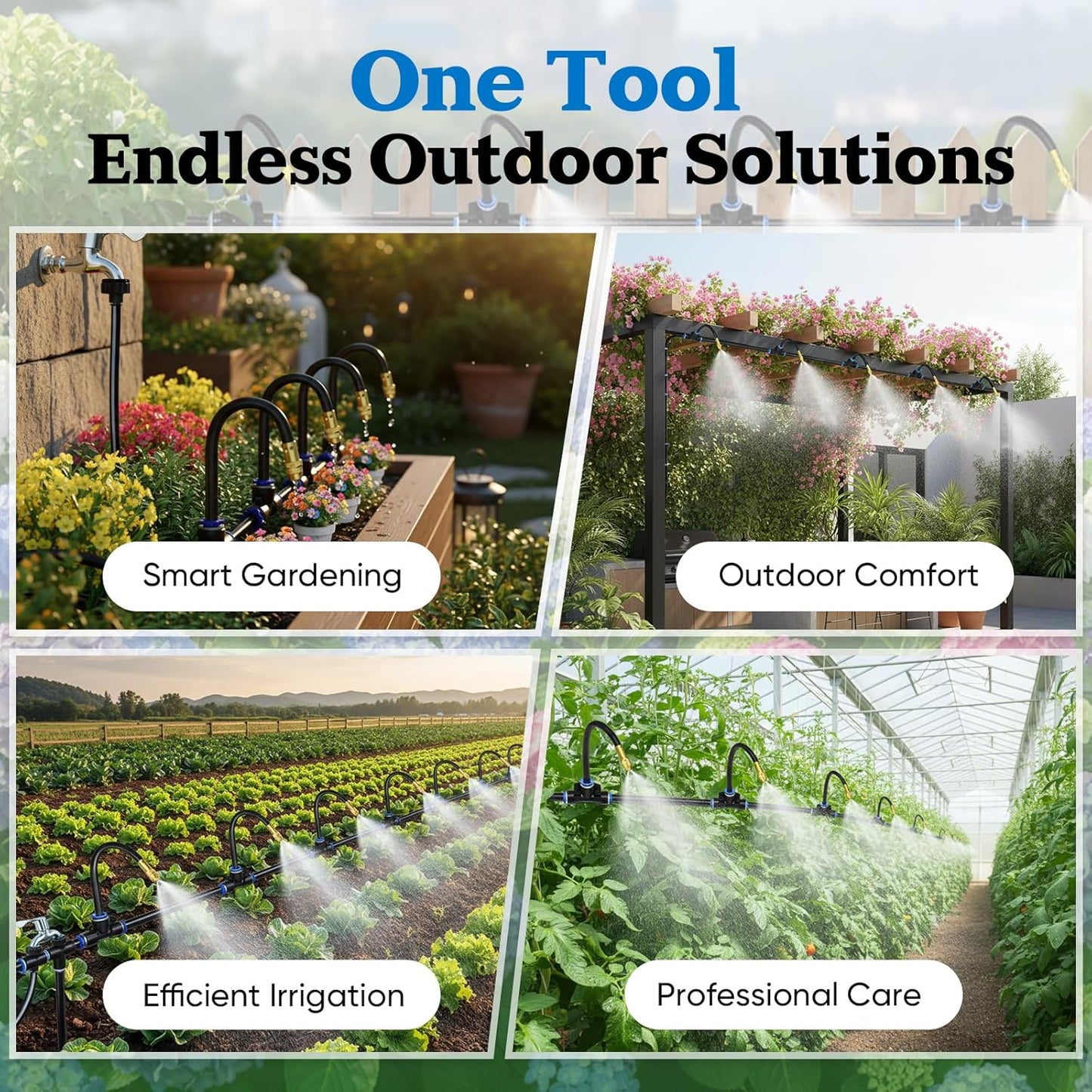 100ft 1/4-Inch Drip Irrigation Kit with 16 Adjustable Copper Nozzles, Automatic Atomizing Watering Sprinkler System for Garden, Raised Beds, Lawn, Greenhouse & Patio