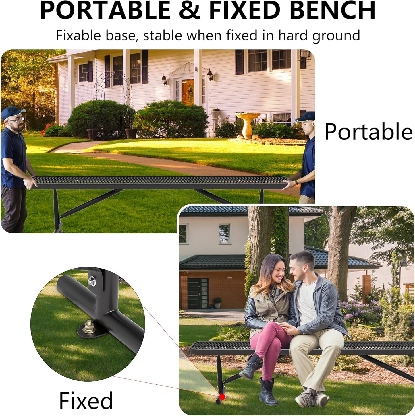 8 Feet Heavy Duty Metal Park Bench for Outside, Outdoor Bench with Portable Frame, Commercial Benches for Shopping Mall, Store, Park, Patio, Deck, Black