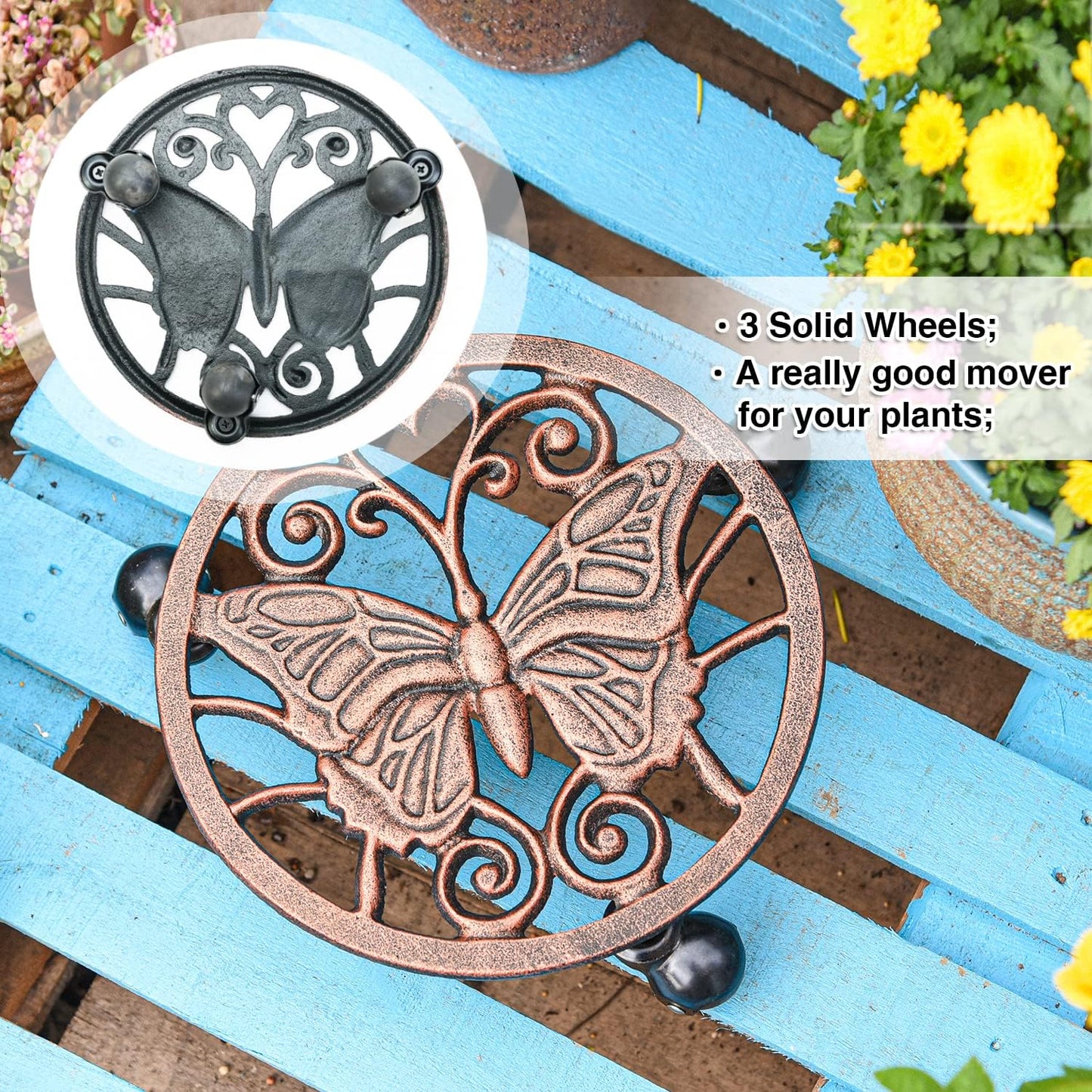 Sungmor Heavy Duty Cast Iron Plant Caddy with Wheels - 2 Pack Vintage Butterfly Design Plant Stand, Metal Rolling Plant Tray for Indoor & Outdoor Use - 11 Inch, Antique Bronze