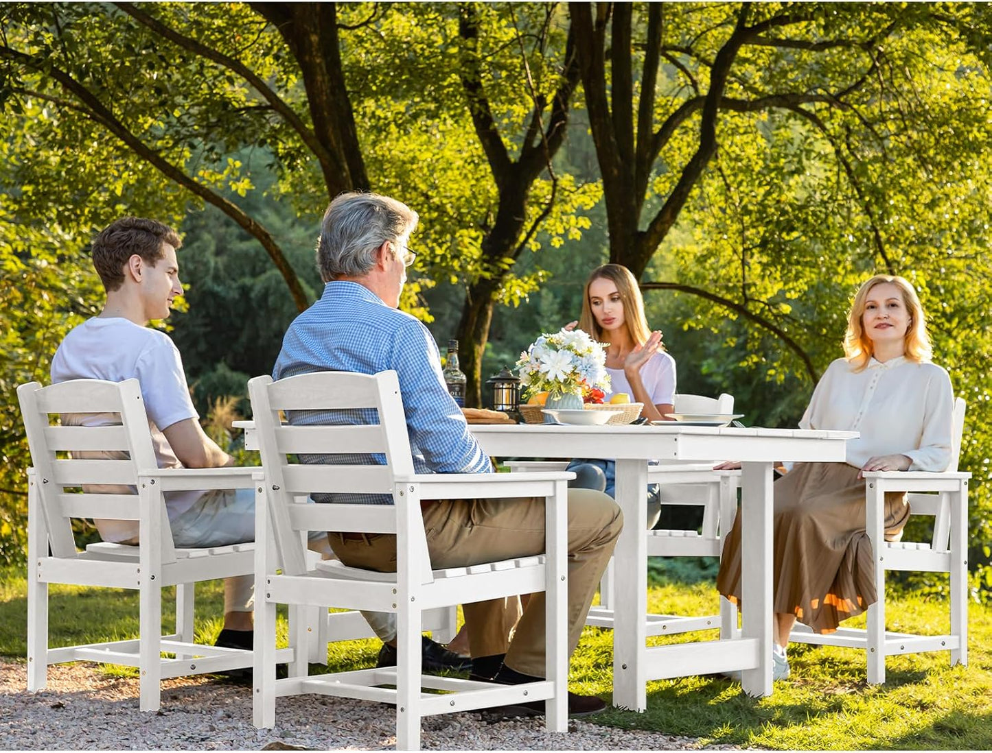 SERWALL Patio Table Set, Outdoor HDPE Dining Set with Umbrella Hole, 5-Piece - Table and 4 Chairs, All Weather for Lawn, Garden, Poolside, White