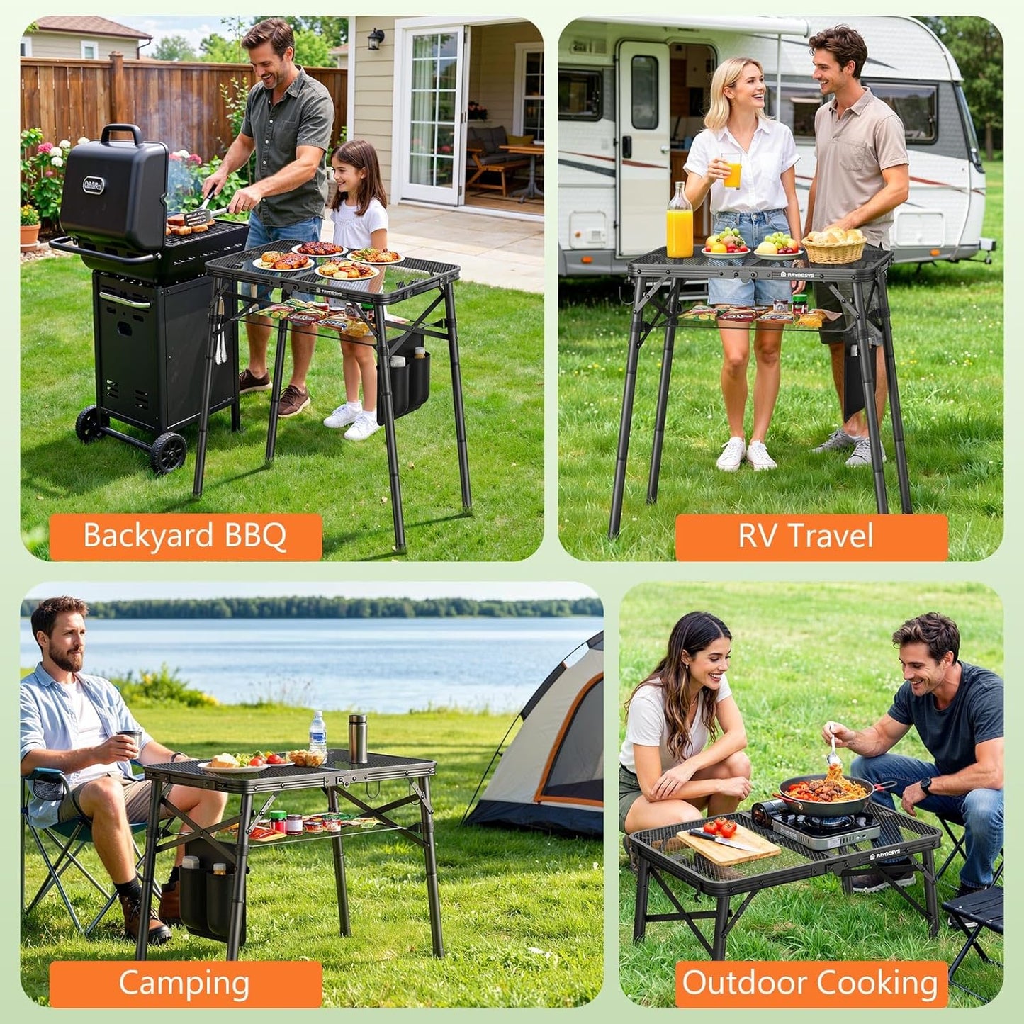 Folding Grill Table for Outside, 3 Height Adjustable Small Camping Table with Mesh Bag, Metal Aluminum Folding Table, 23.62 x 15.75 inches, Portable Grill Stand for Picnic, Camping, BBQ, Beach, Black