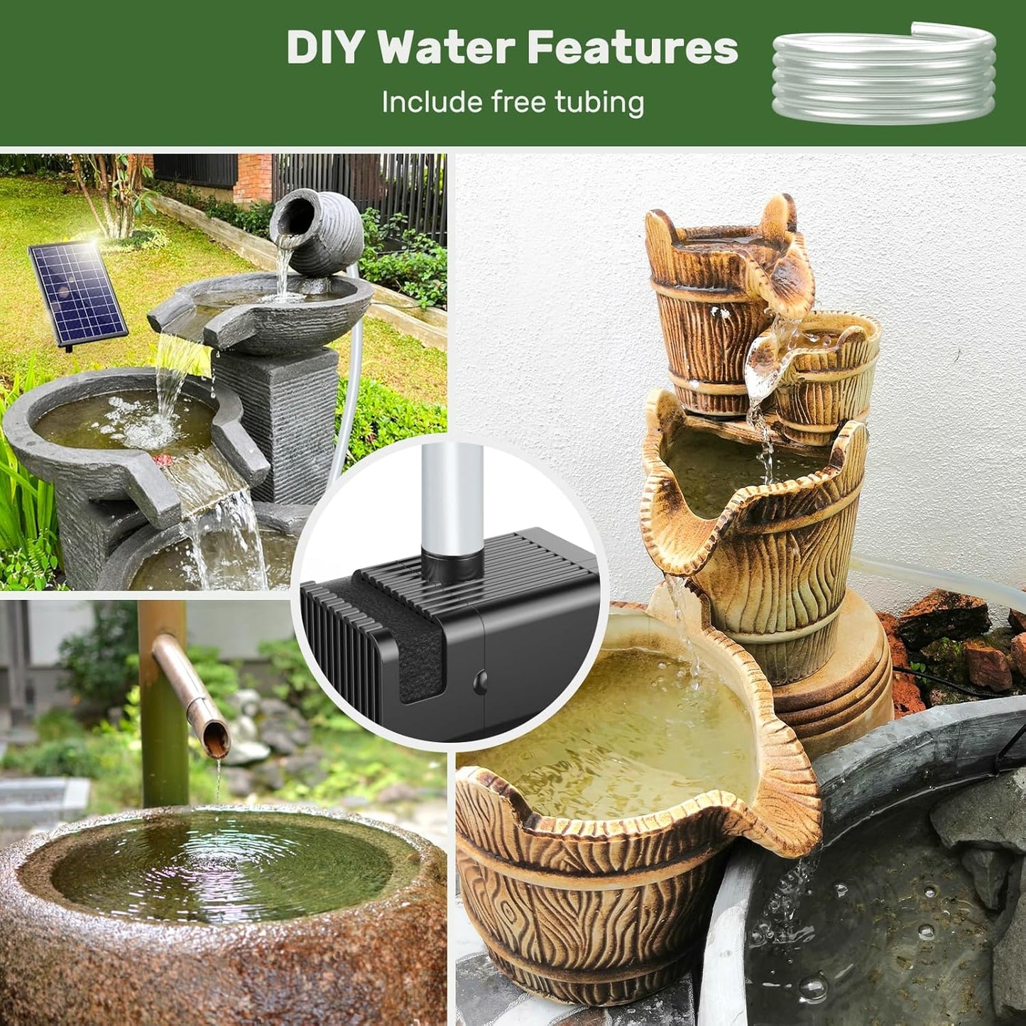 Antfraer 8W Solar Fountain Pump With 3600mAh Battery Backup, Solar Water fountain for Bird Bath with Double-Layer Nozzles & 5Ft PVC Tubing for Bird Bath Small Pond Waterfall DIY Features