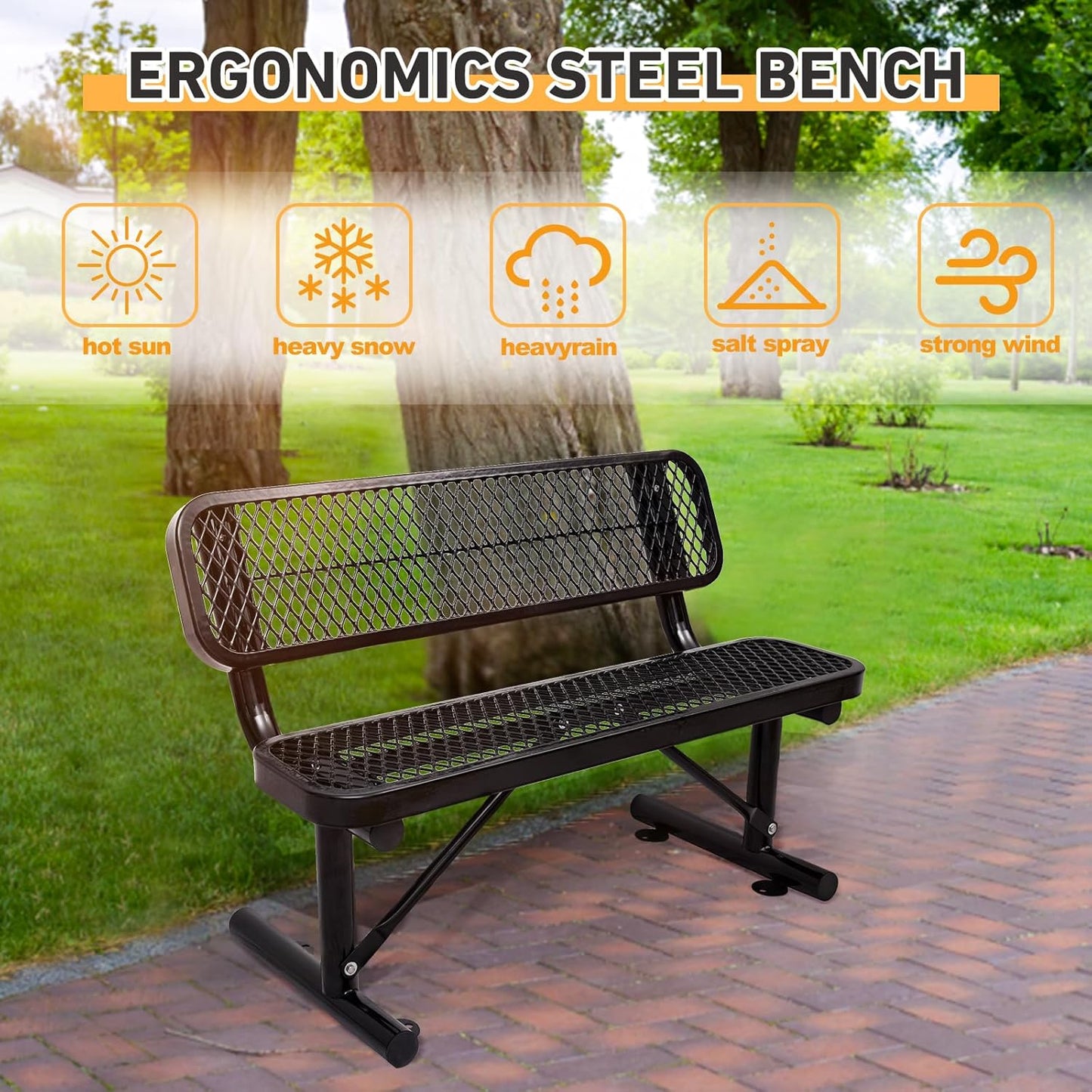 Drexo 4FT Heavy Duty Park Bench with Back Portable Frame, Outdoor Metal Park Bench with Backrest, Steel Mesh Outdoor Bench for Garden, Lawn, Patio, Porch, Park, Yard, Black