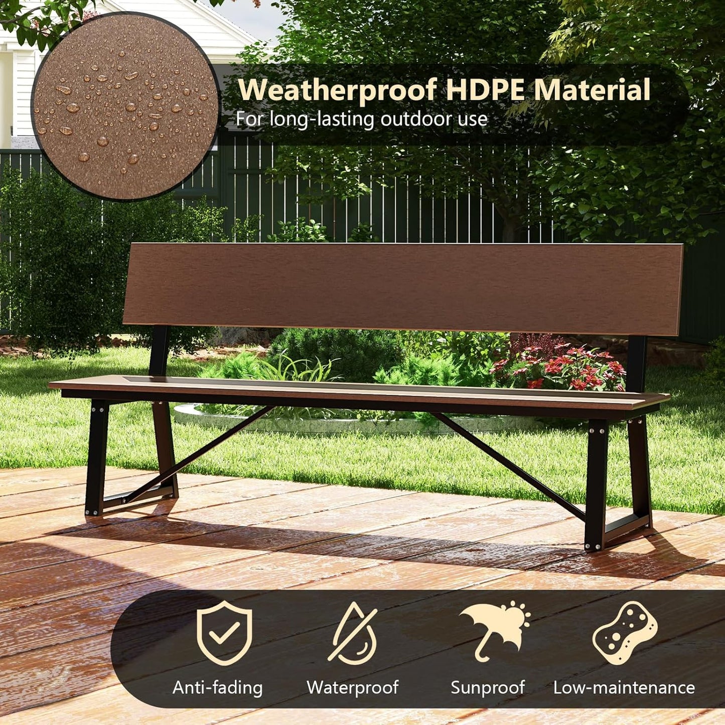 Tangkula 72” Outdoor Bench, Extra Long Patio HDPE Bench for 4 People, 1100 lbs Weight Capacity, Heavy-Duty Patio Picnic Dining Bench for Garden, Porch, Lawn, Backyard & Park